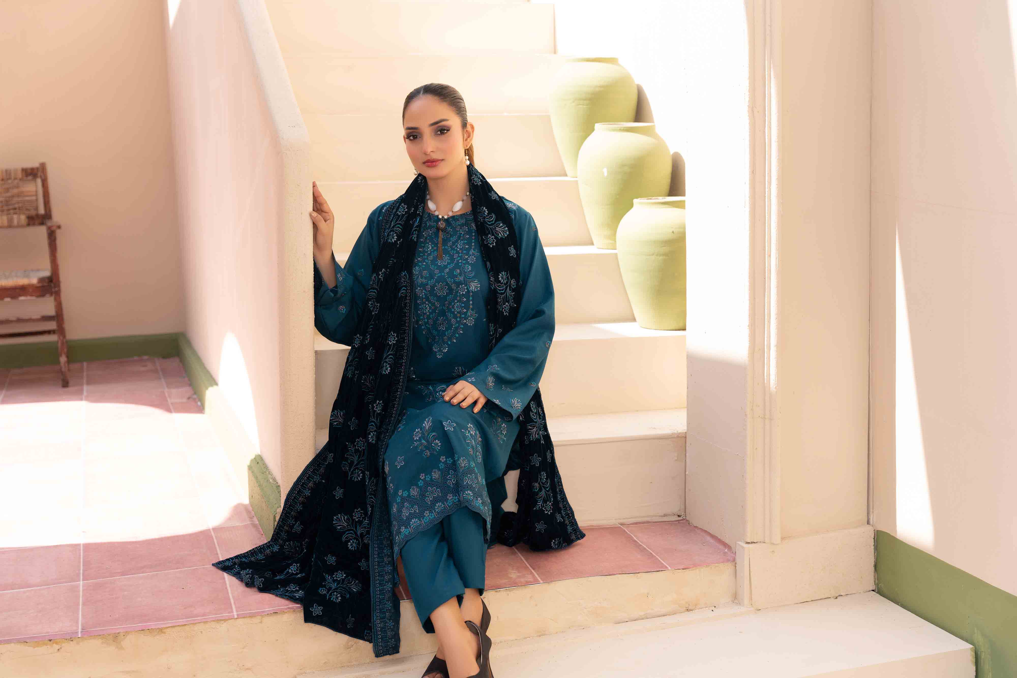 Luxury Blue 3 Pcs Embroidered Dhanak Set