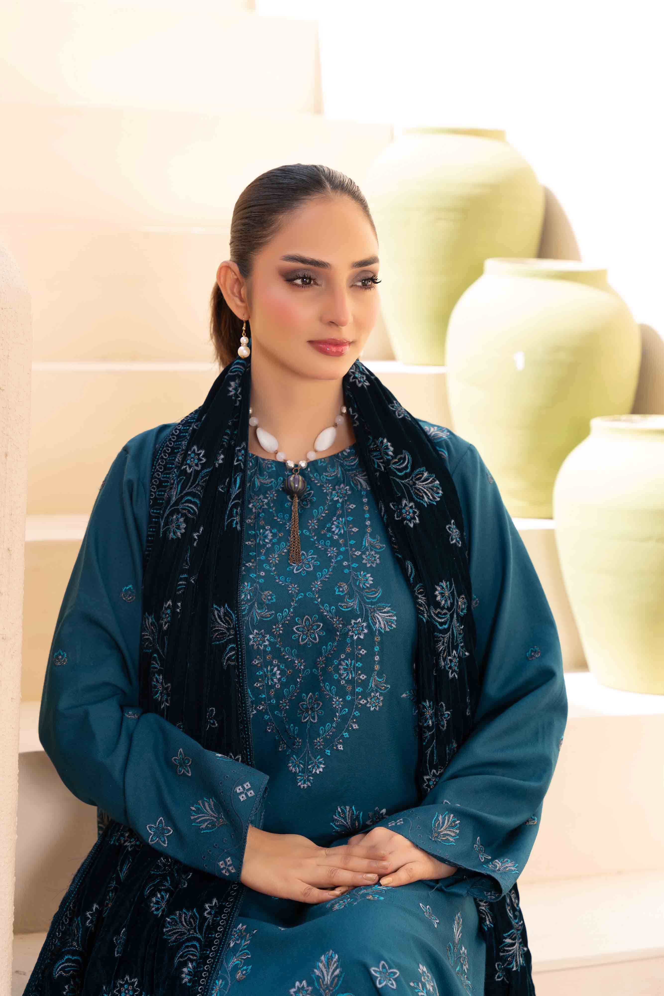 Luxury Blue 3 Pcs Embroidered Dhanak Set