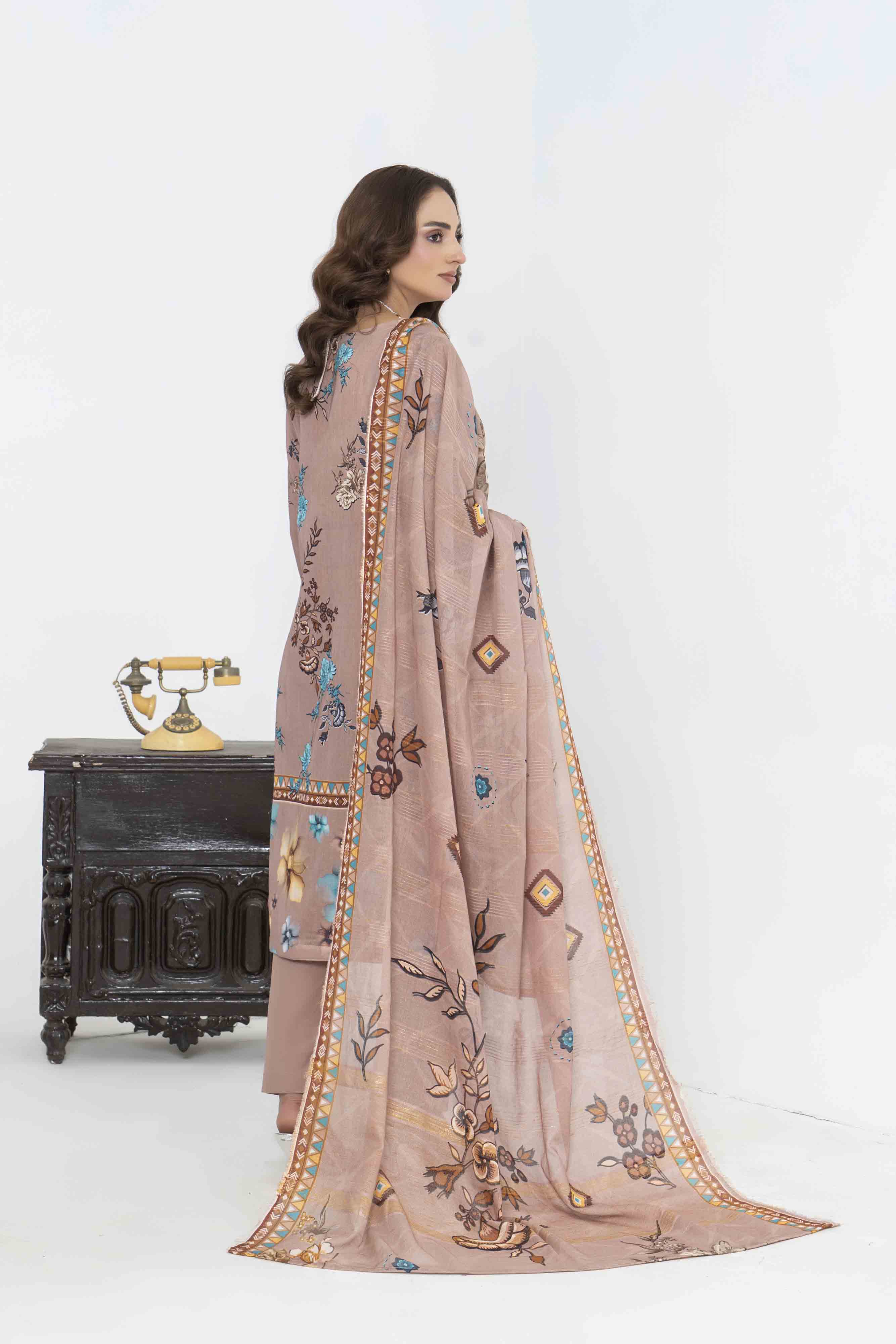 Luxury Brown Printed Embroidered 3 Pcs Lawn Set