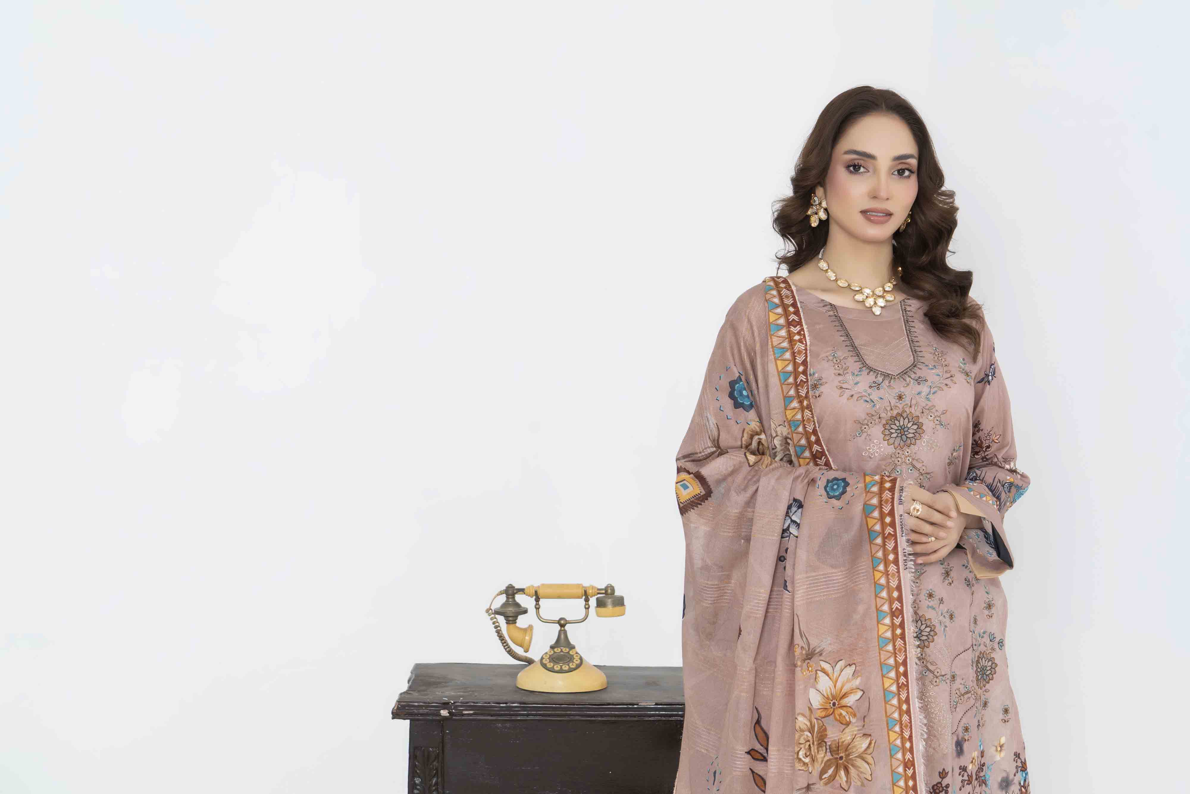 Luxury Brown Printed Embroidered 3 Pcs Lawn Set