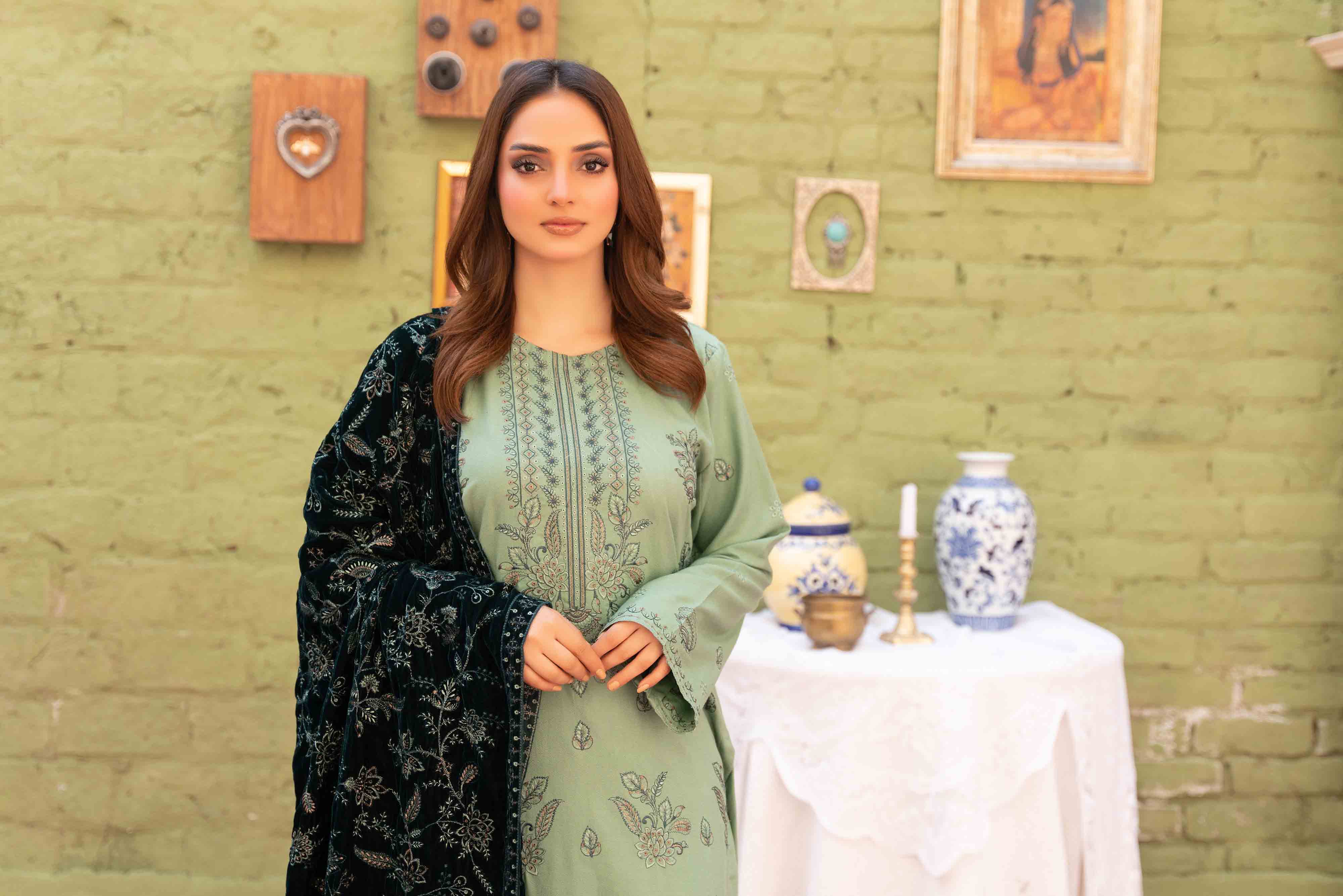 Luxury Green - Pista 3 Pcs Embroidered Dhanak Set