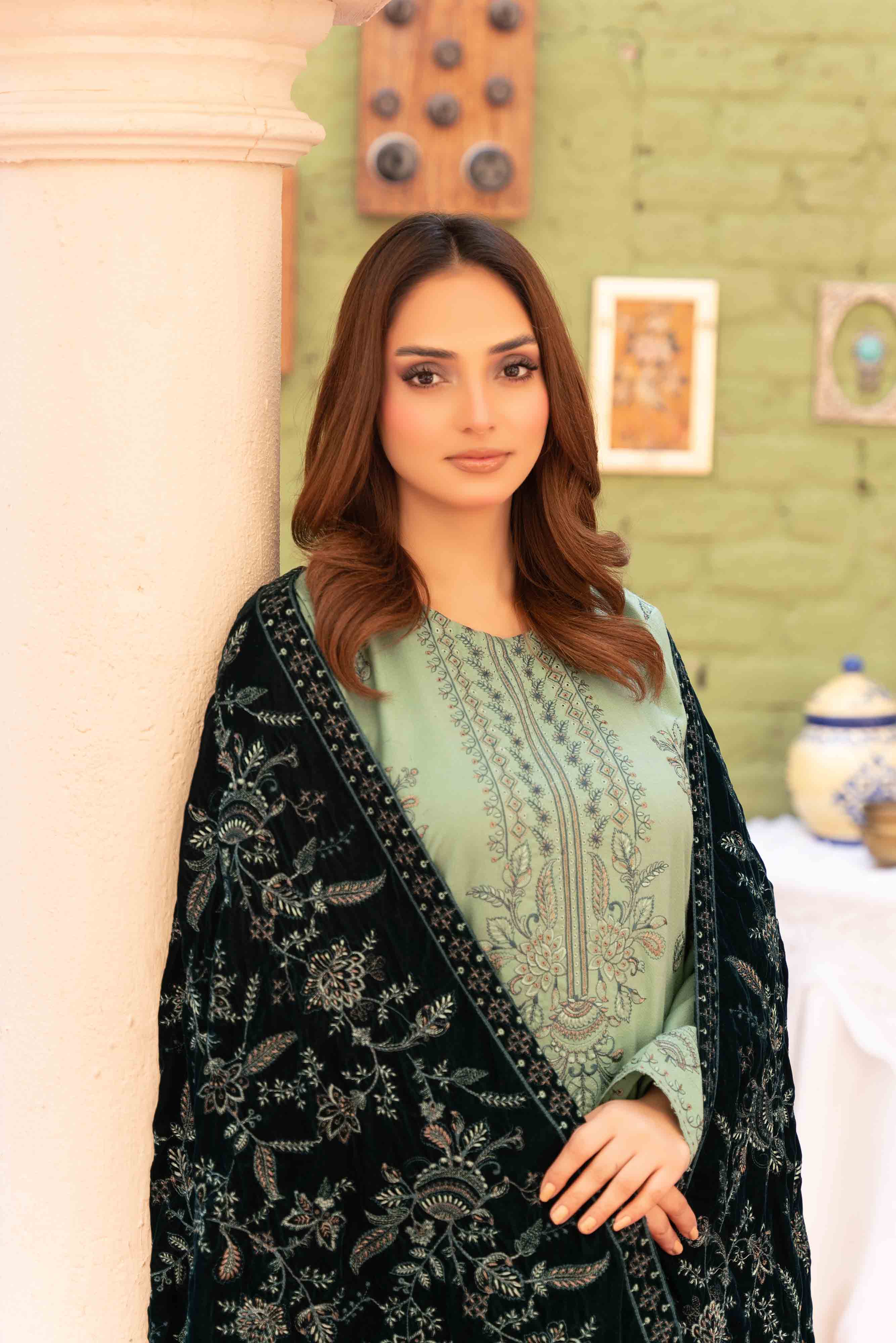 Luxury Green - Pista 3 Pcs Embroidered Dhanak Set