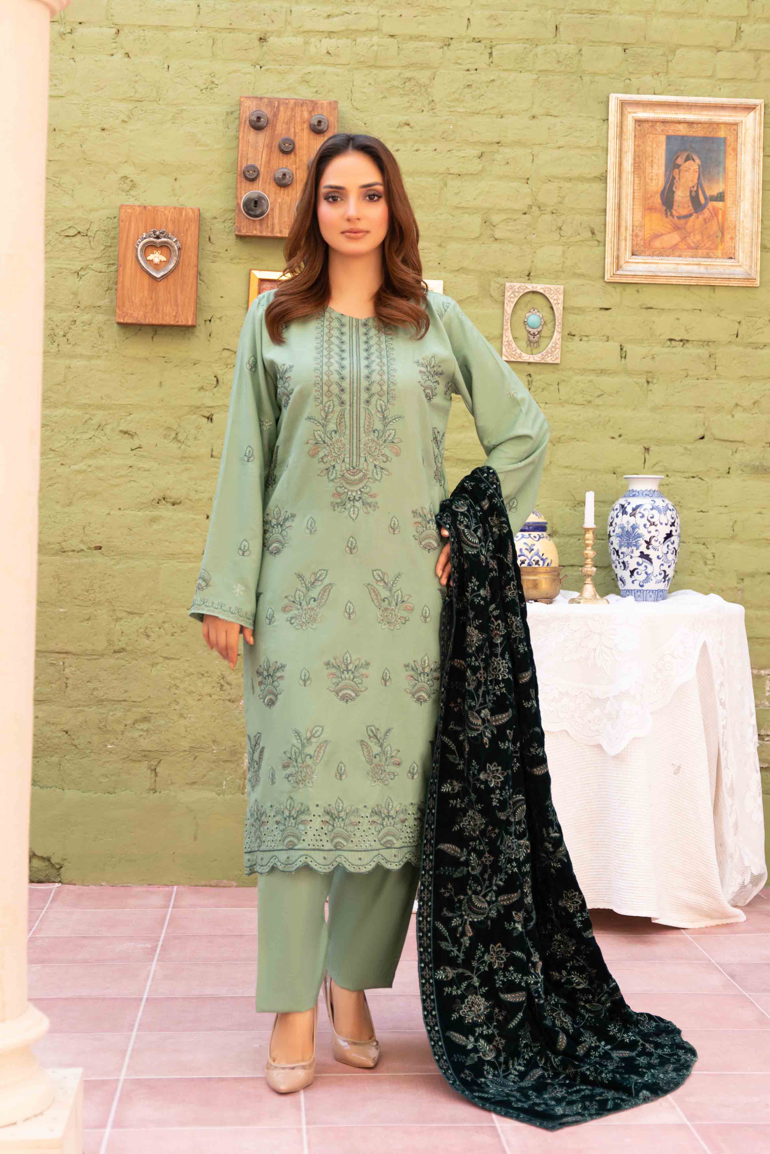 Luxury Green - Pista 3 Pcs Embroidered Dhanak Set