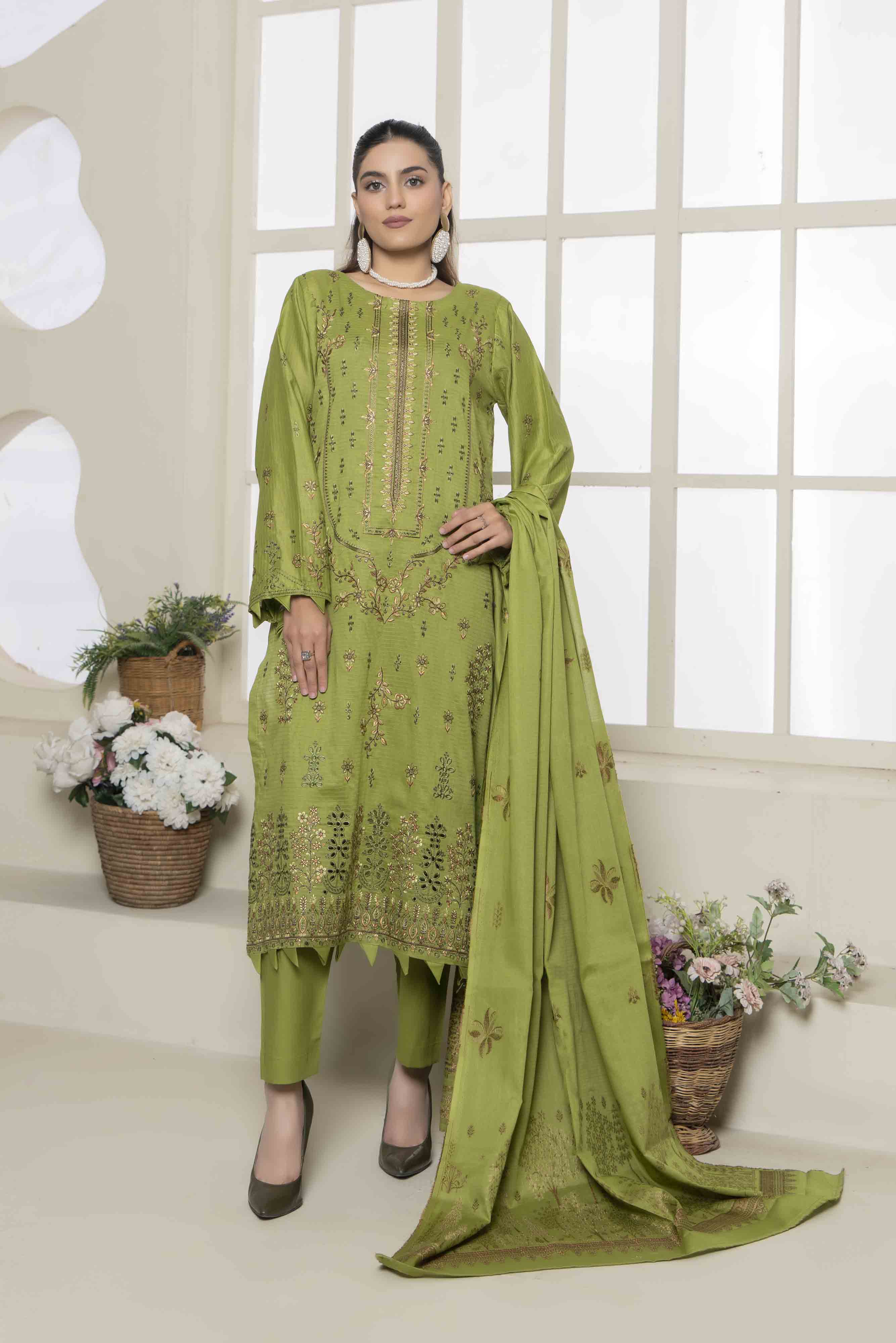 Luxury Green Embroidered Doria 3 Pcs Lawn Set