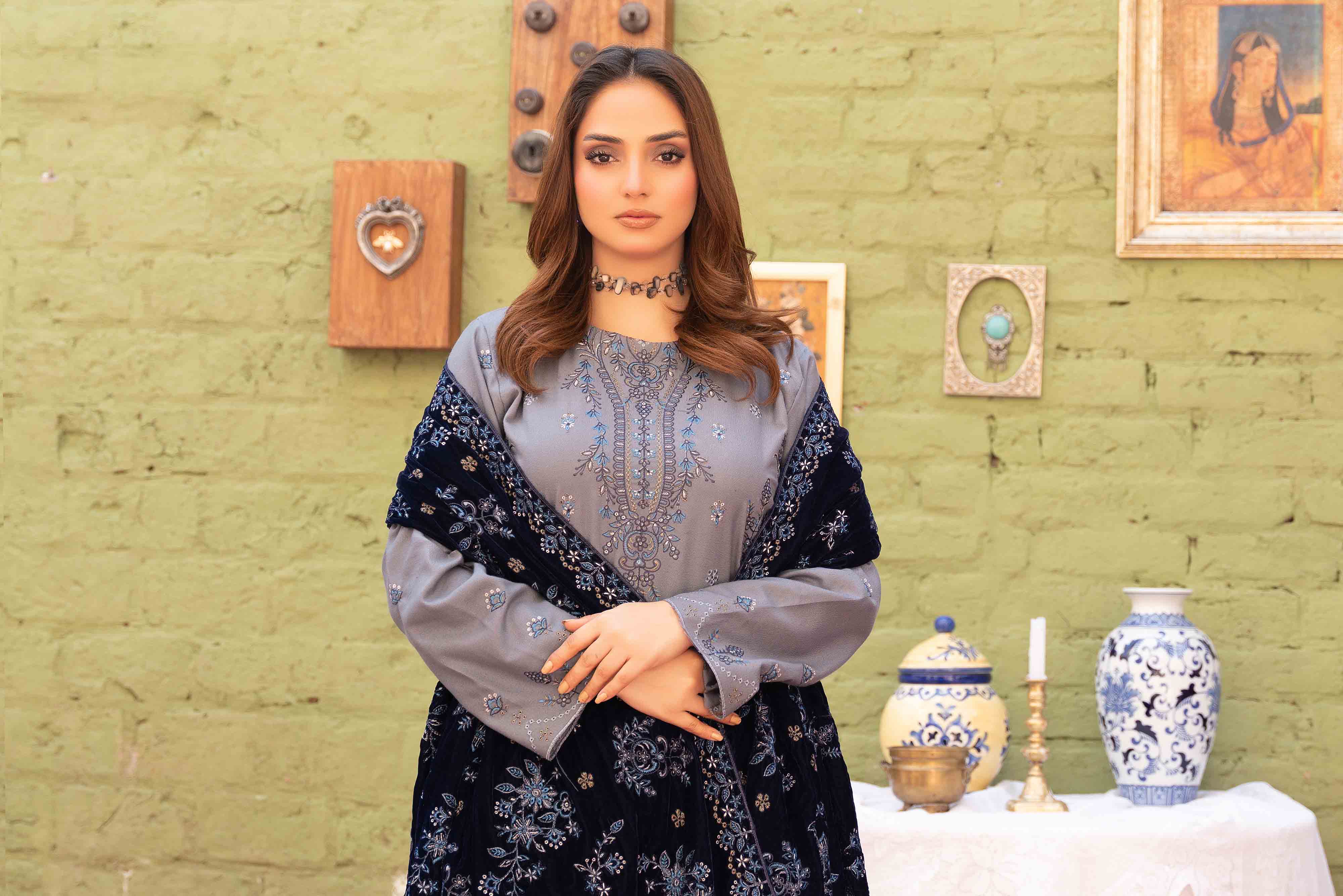 Luxury Grey 3  Pcs Embroidered Dhanak Set