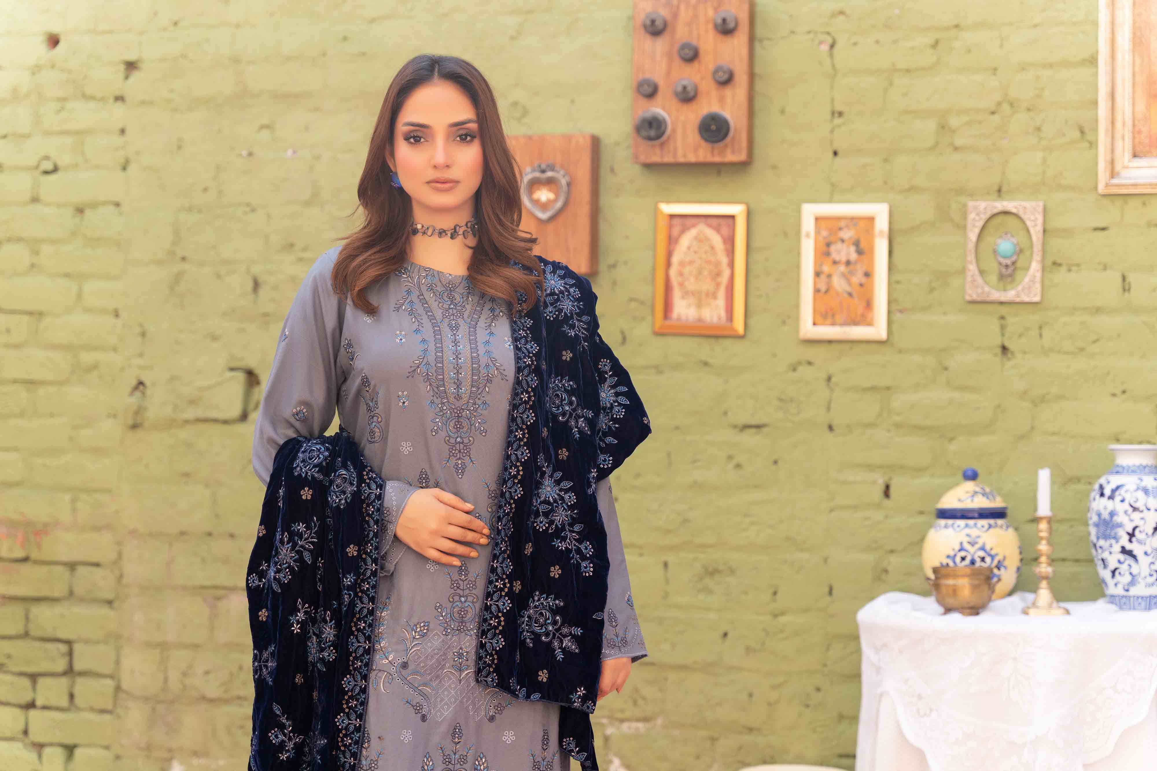 Luxury Grey 3  Pcs Embroidered Dhanak Set