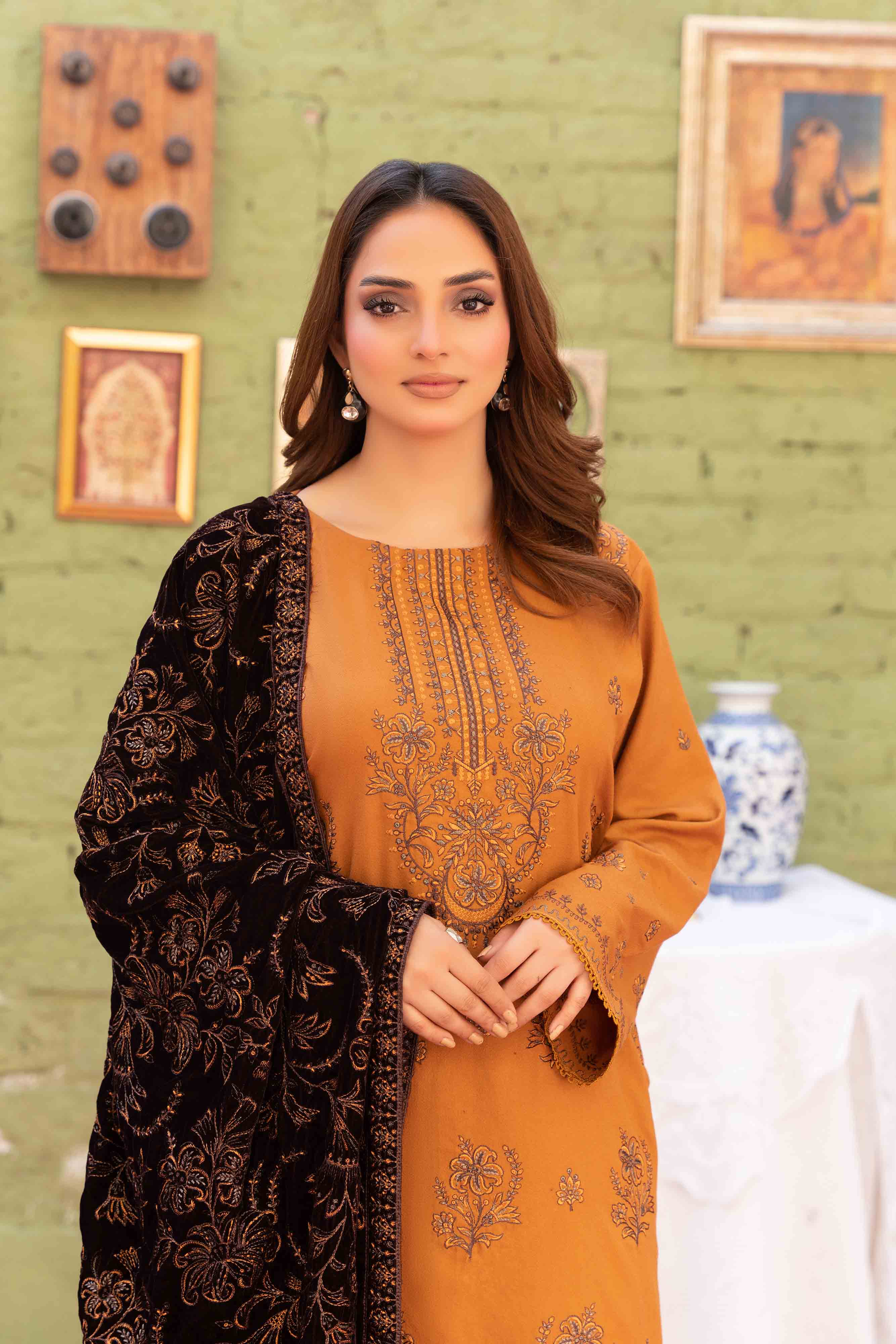 Luxury Mustard 3 Pcs Embroidered Dhanak Set