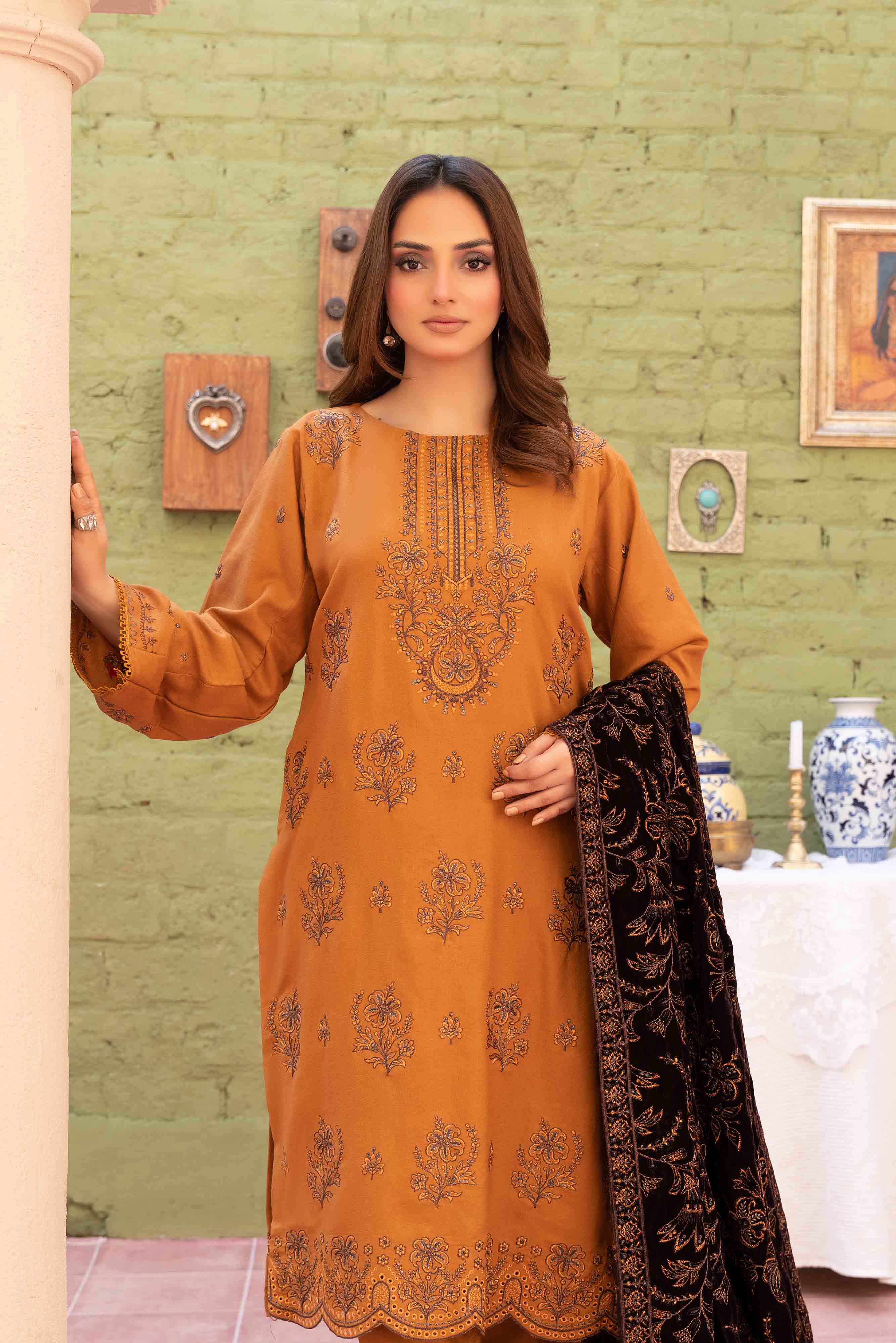 Luxury Mustard 3 Pcs Embroidered Dhanak Set