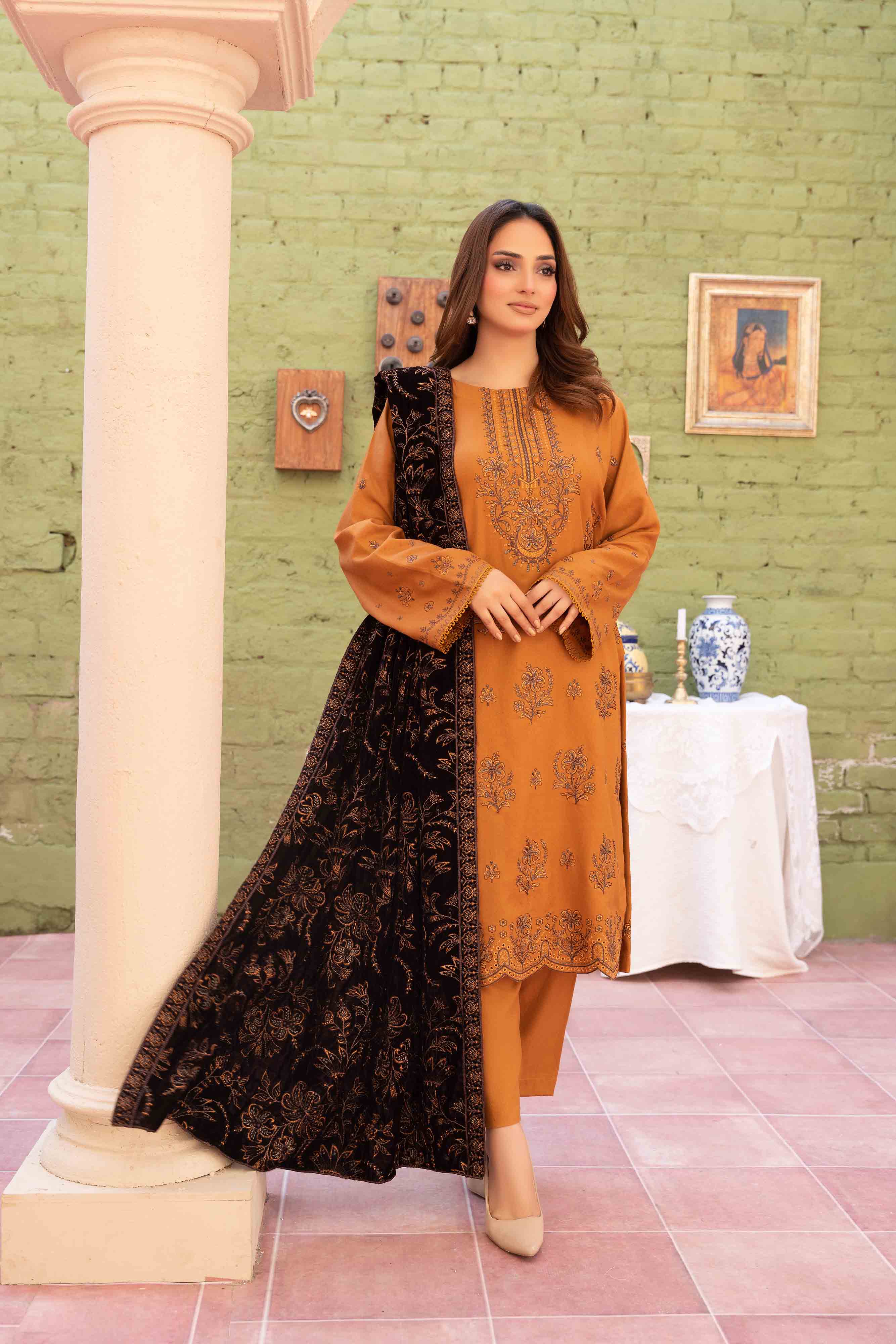 Luxury Mustard 3 Pcs Embroidered Dhanak Set
