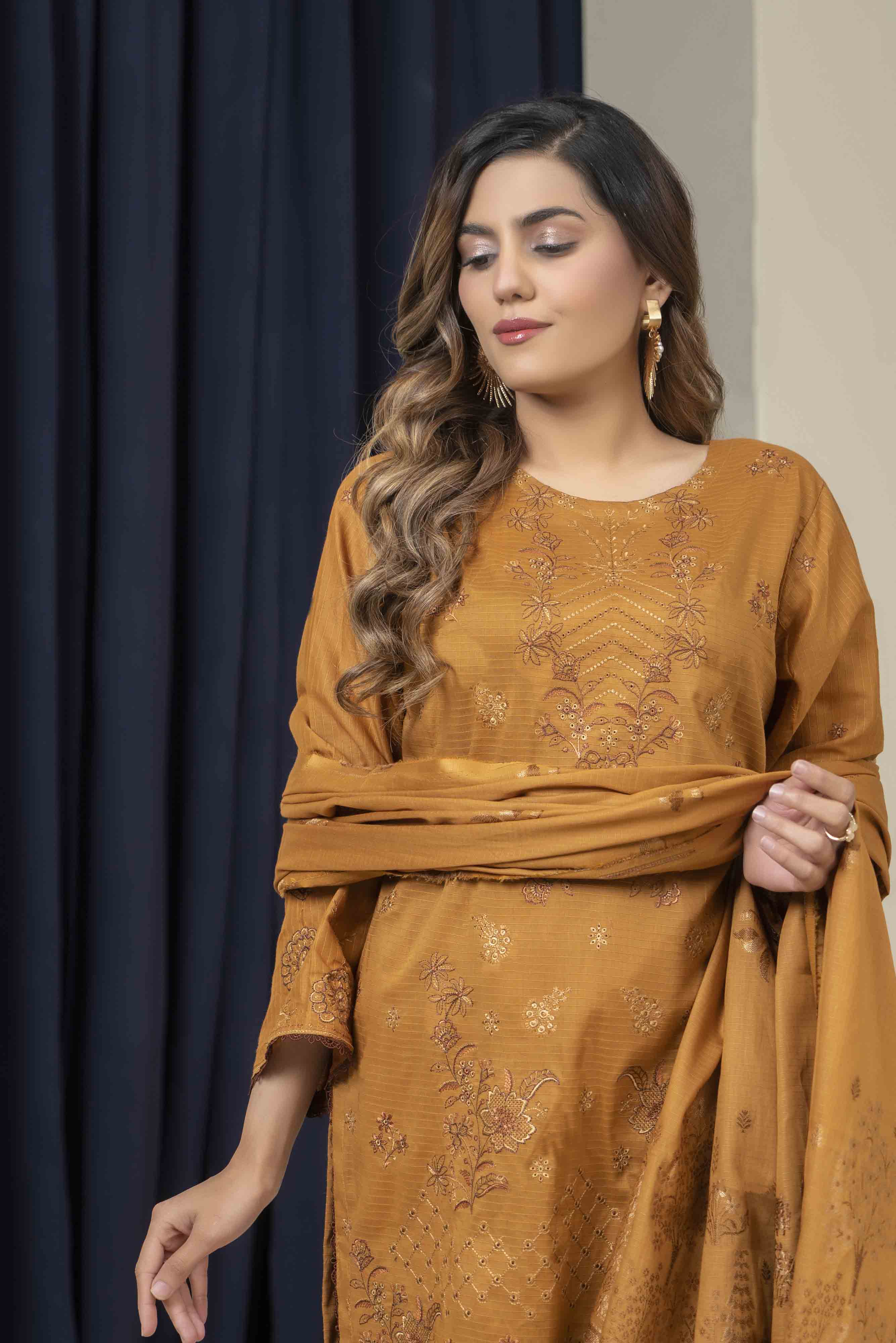 Luxury Orange Embroidered Doria 3 Pcs Lawn Set