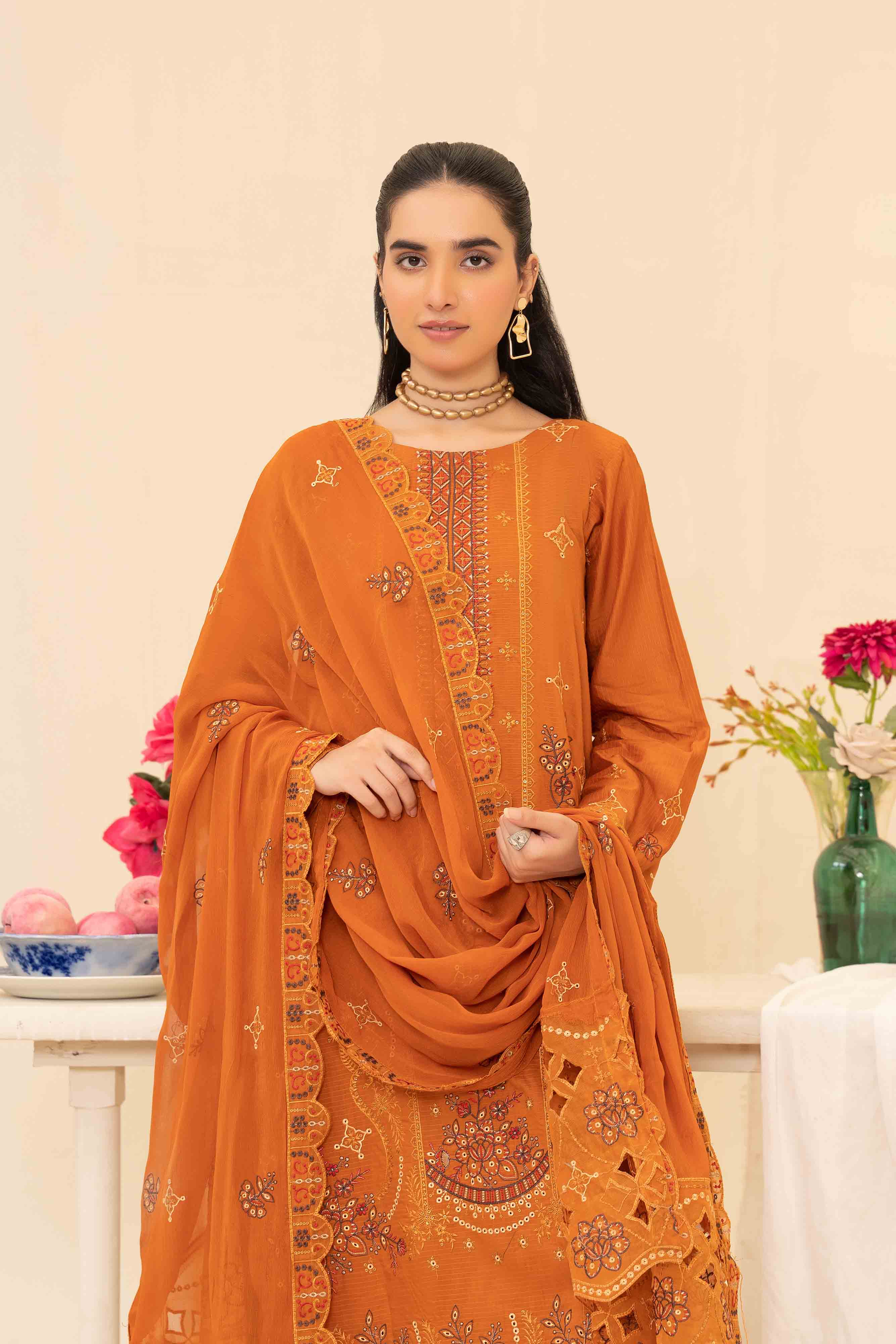 Luxury Orange 3 Pcs Doria Embroidered Viscose Suit
