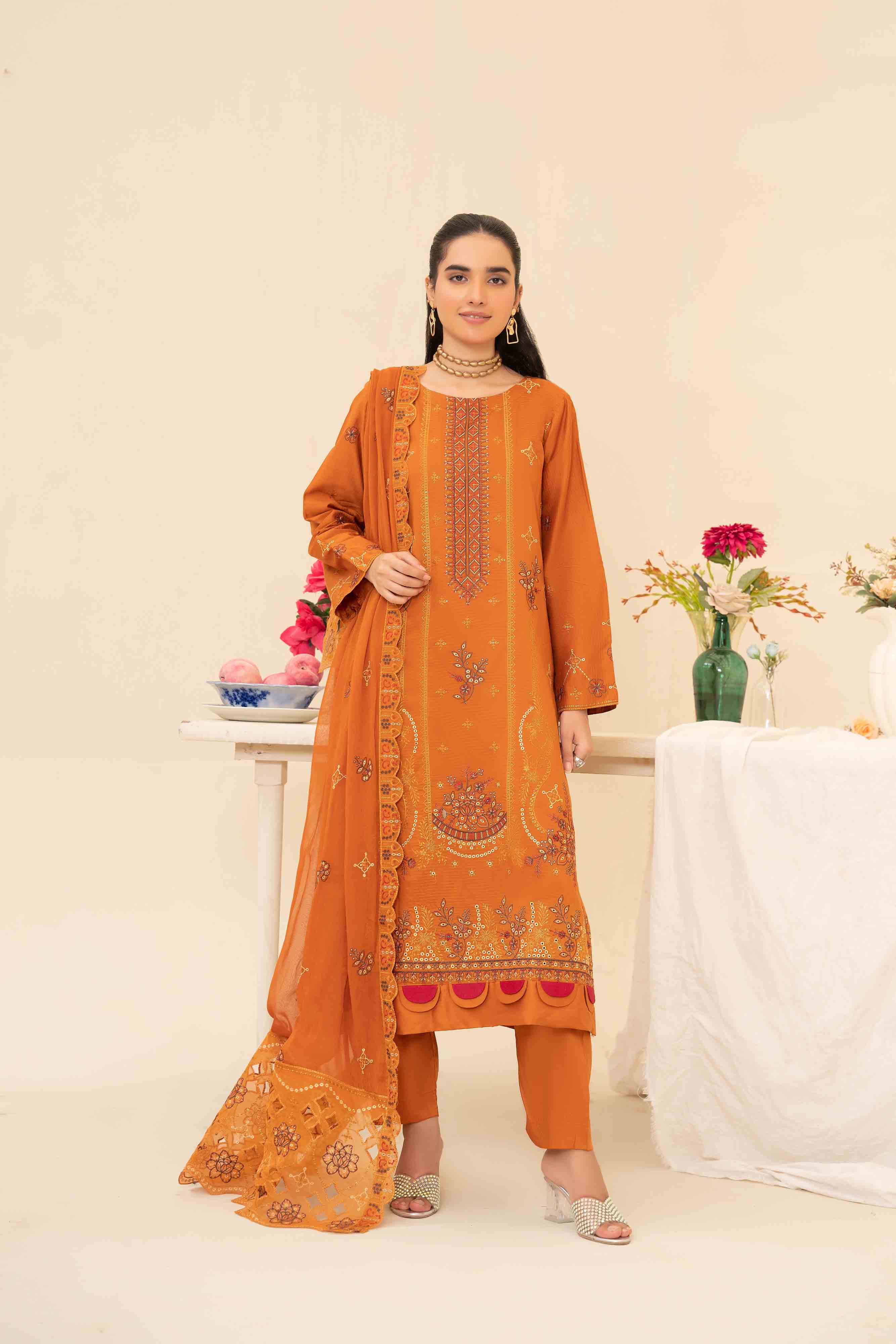 Luxury Orange 3 Pcs Doria Embroidered Viscose Suit