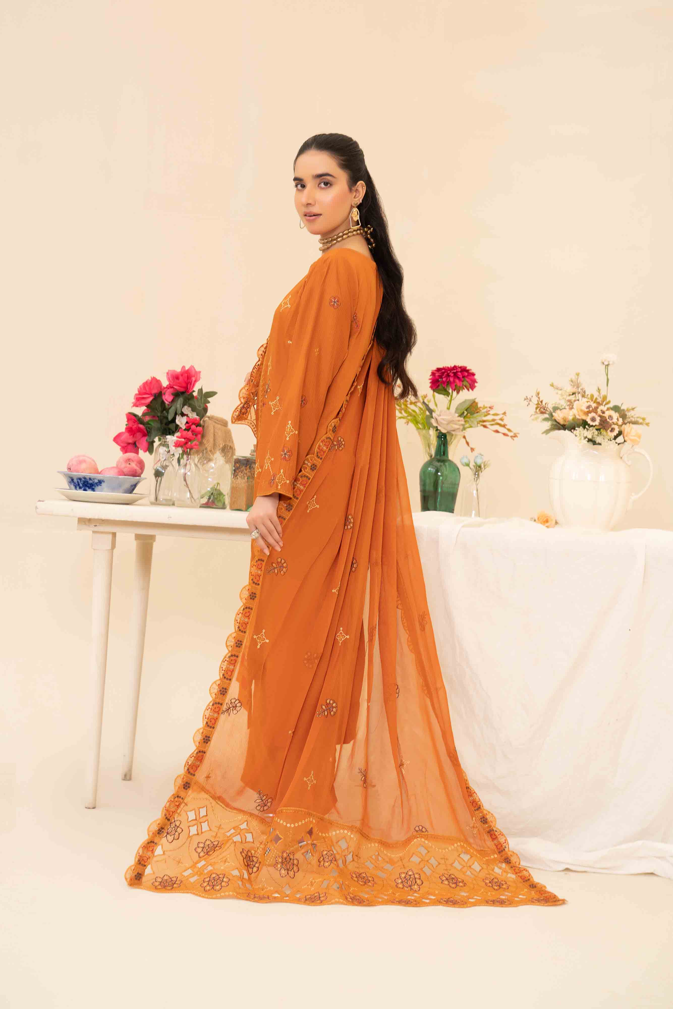 Luxury Orange 3 Pcs Doria Embroidered Viscose Suit