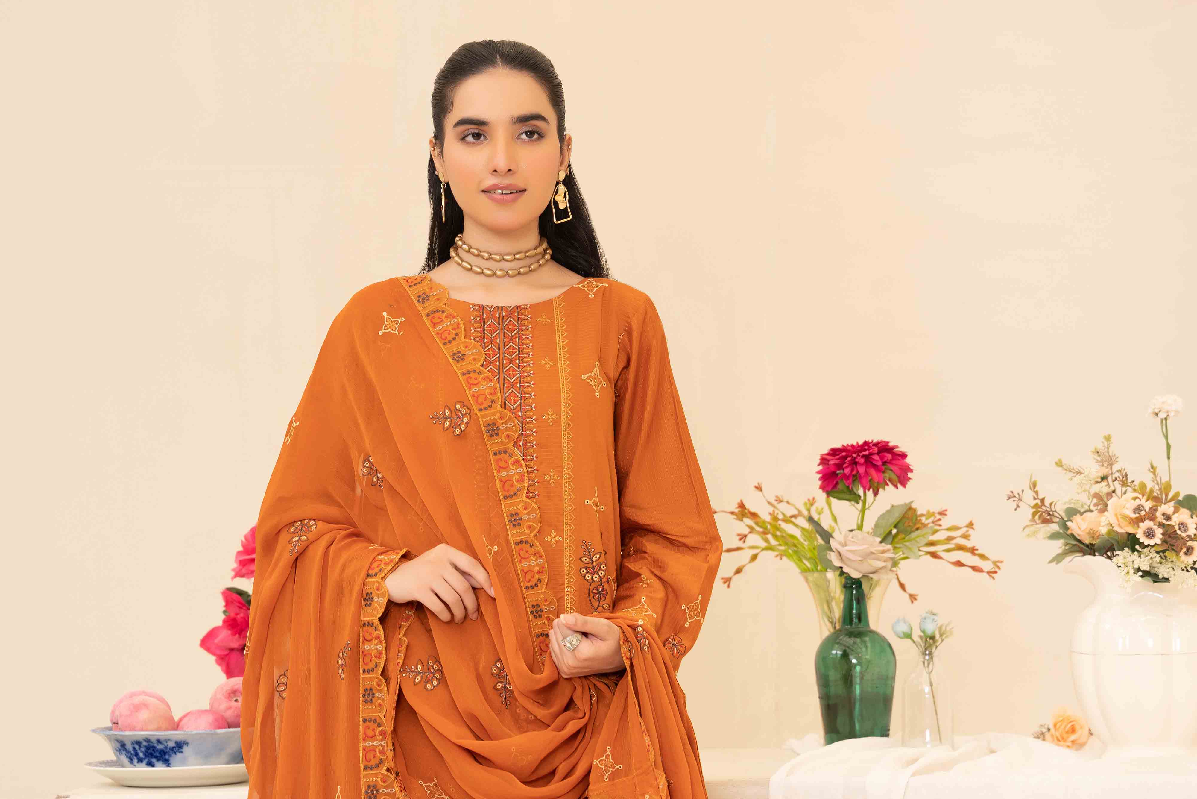 Luxury Orange 3 Pcs Doria Embroidered Viscose Suit
