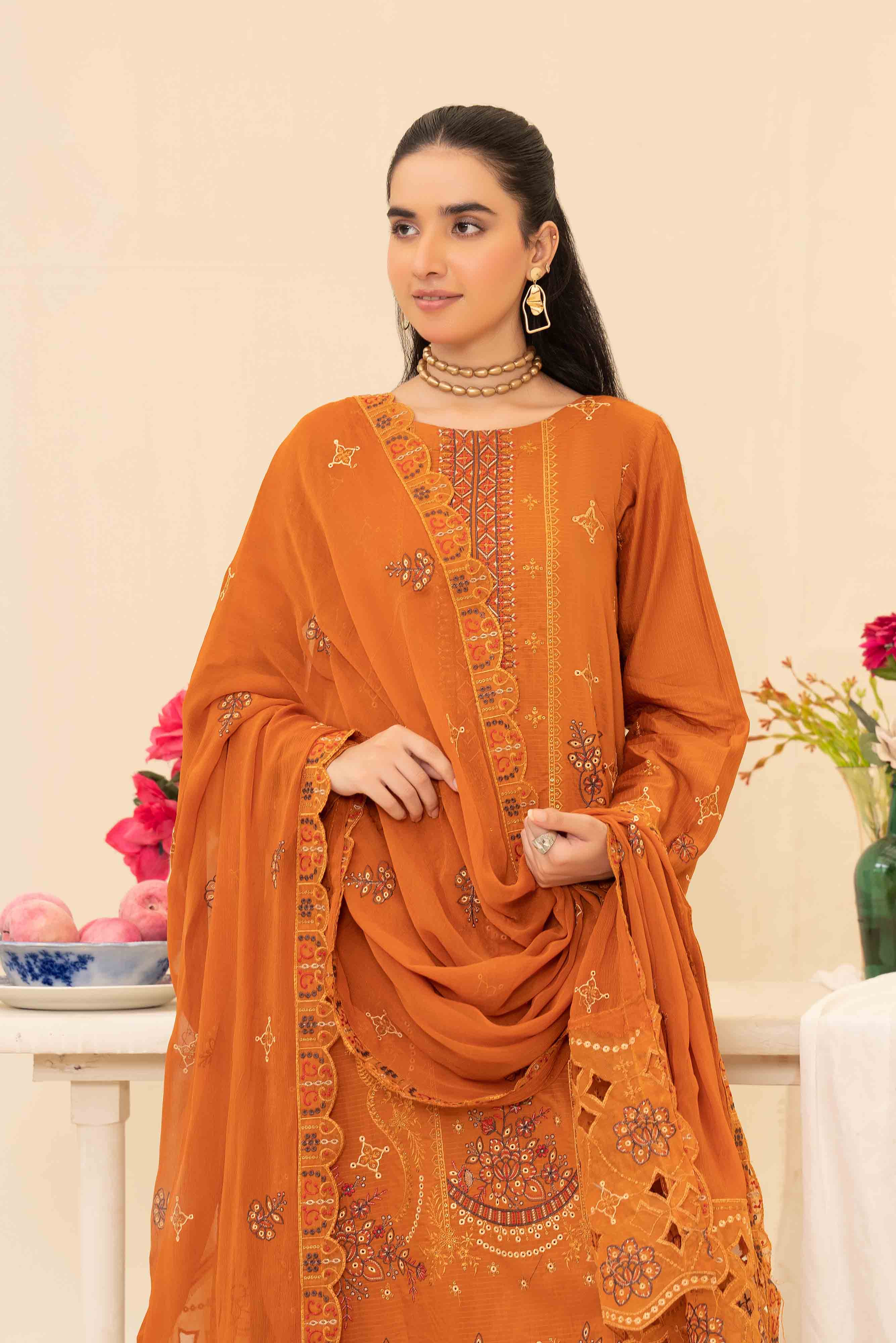 Luxury Orange 3 Pcs Doria Embroidered Viscose Suit