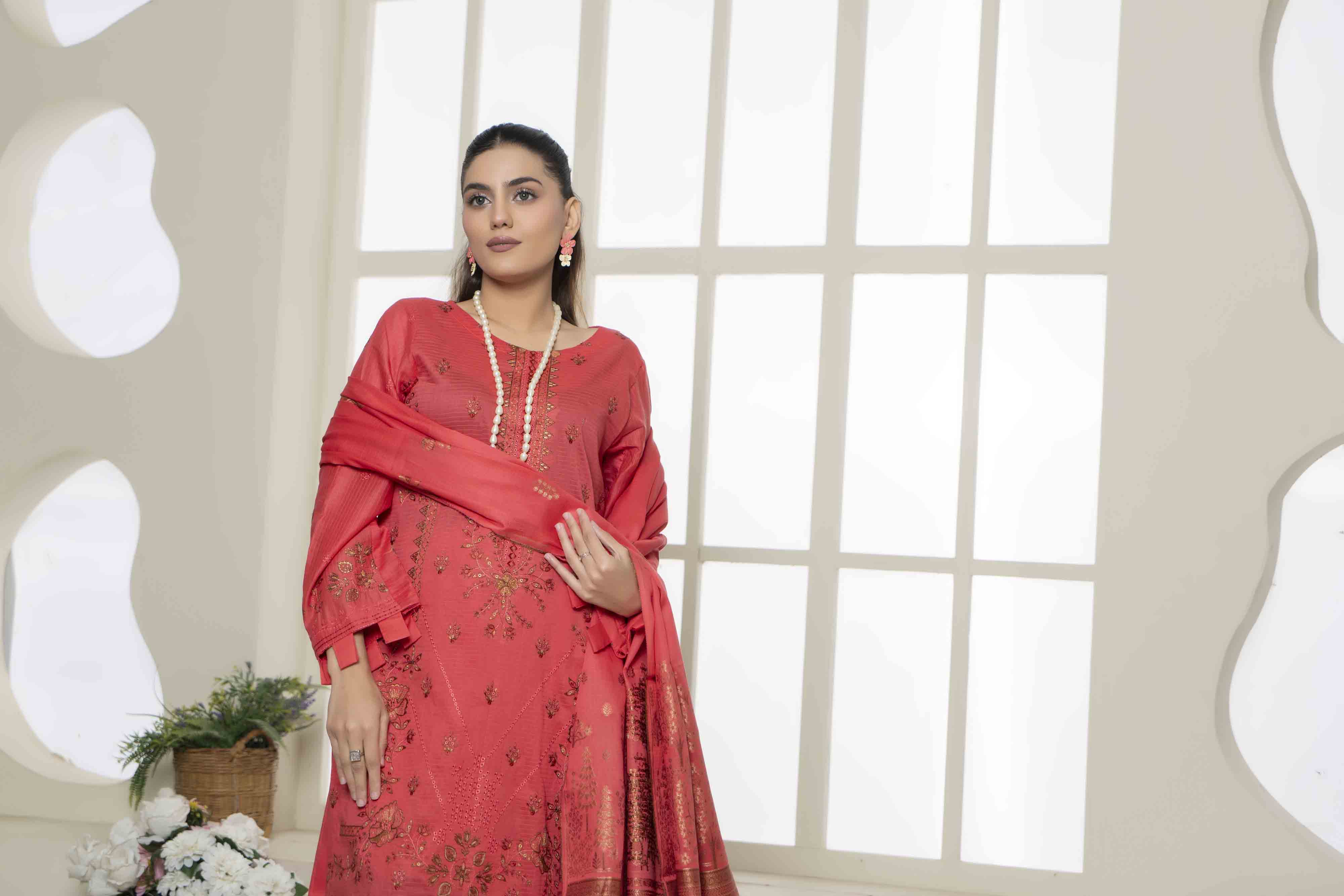 Luxury Peach Embroidered Doria 3 Pcs Lawn Set