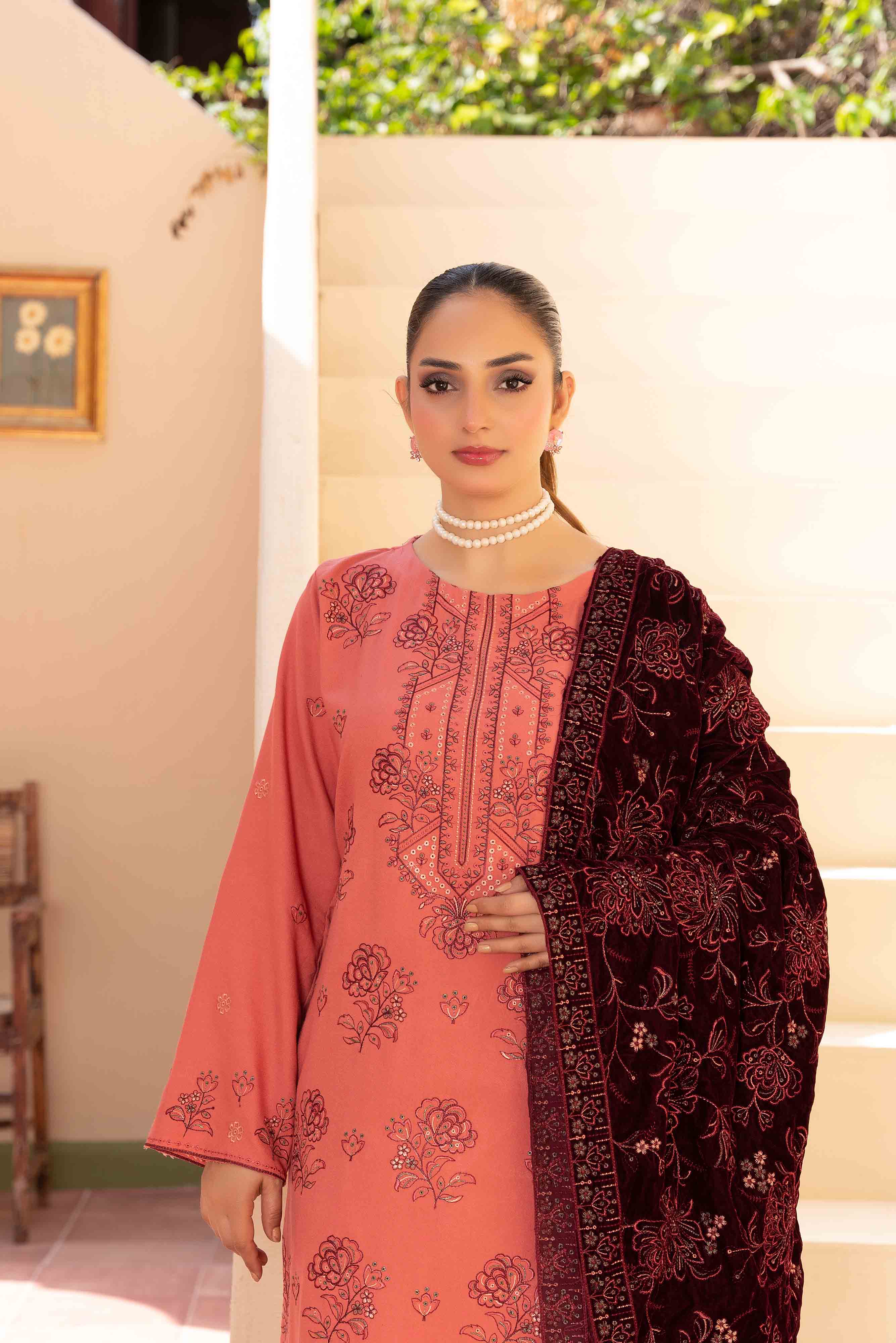 Luxury Peach Pink 3 Pcs Embroidered Dhanak Set