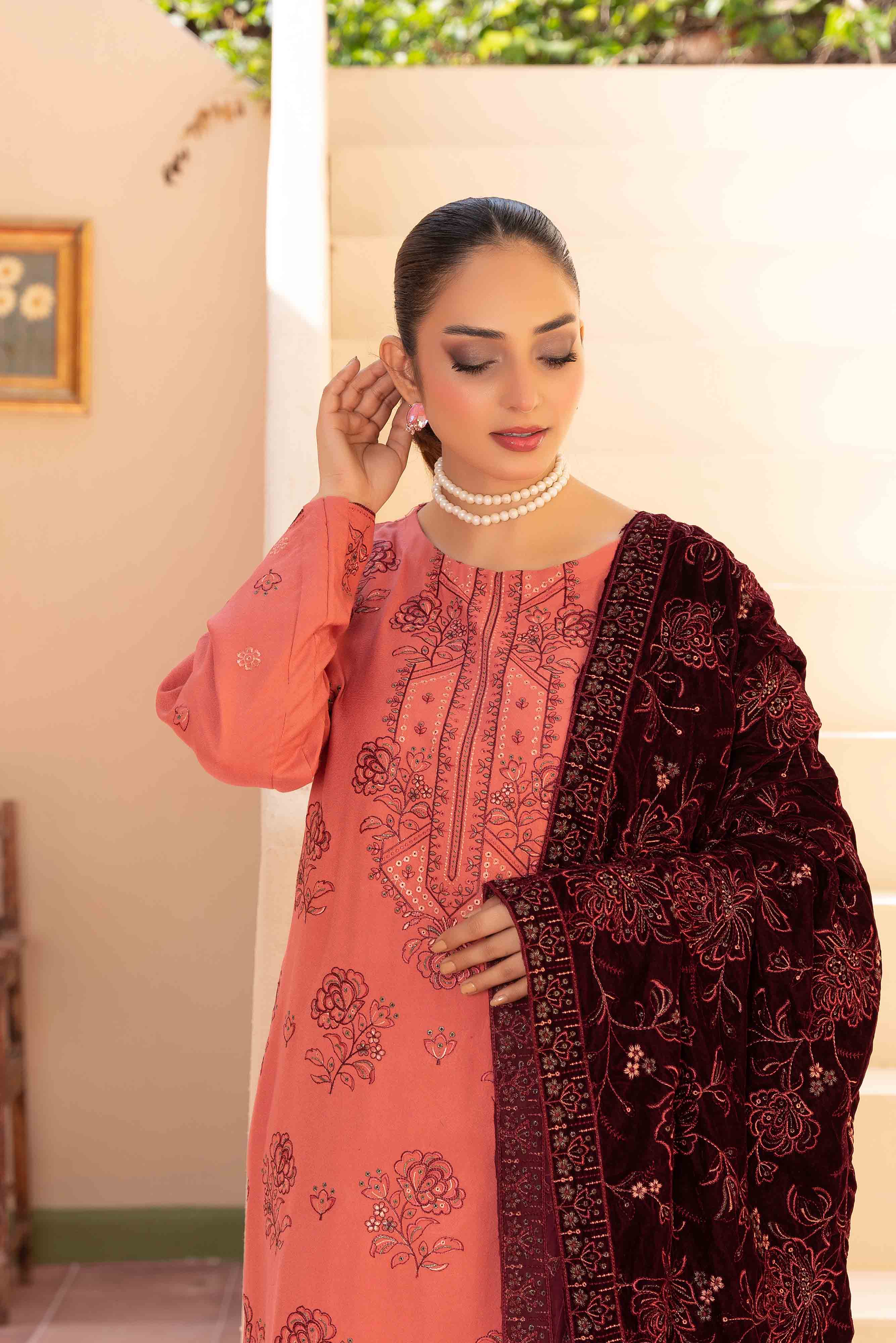 Luxury Peach Pink 3 Pcs Embroidered Dhanak Set