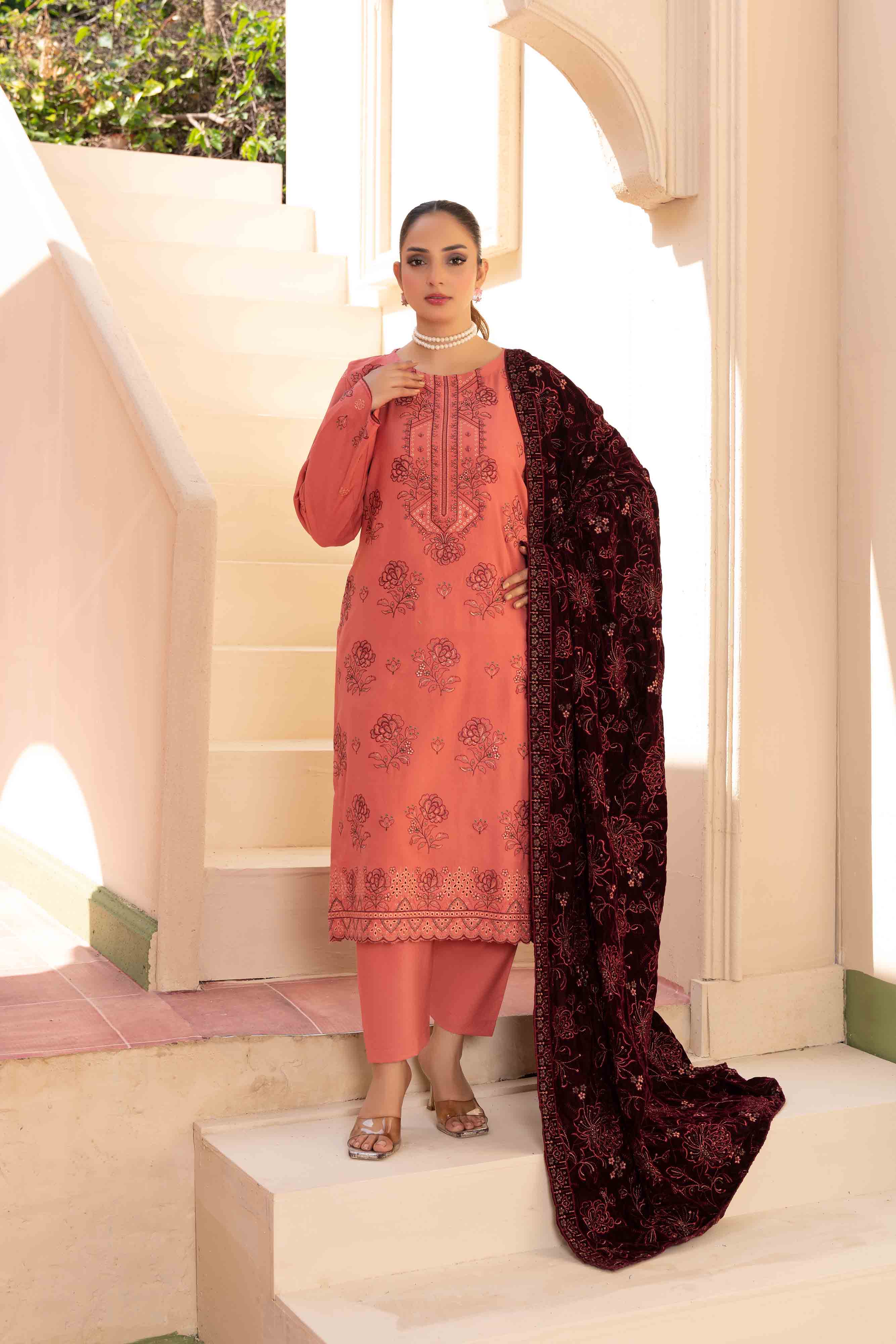 Luxury Peach Pink 3 Pcs Embroidered Dhanak Set