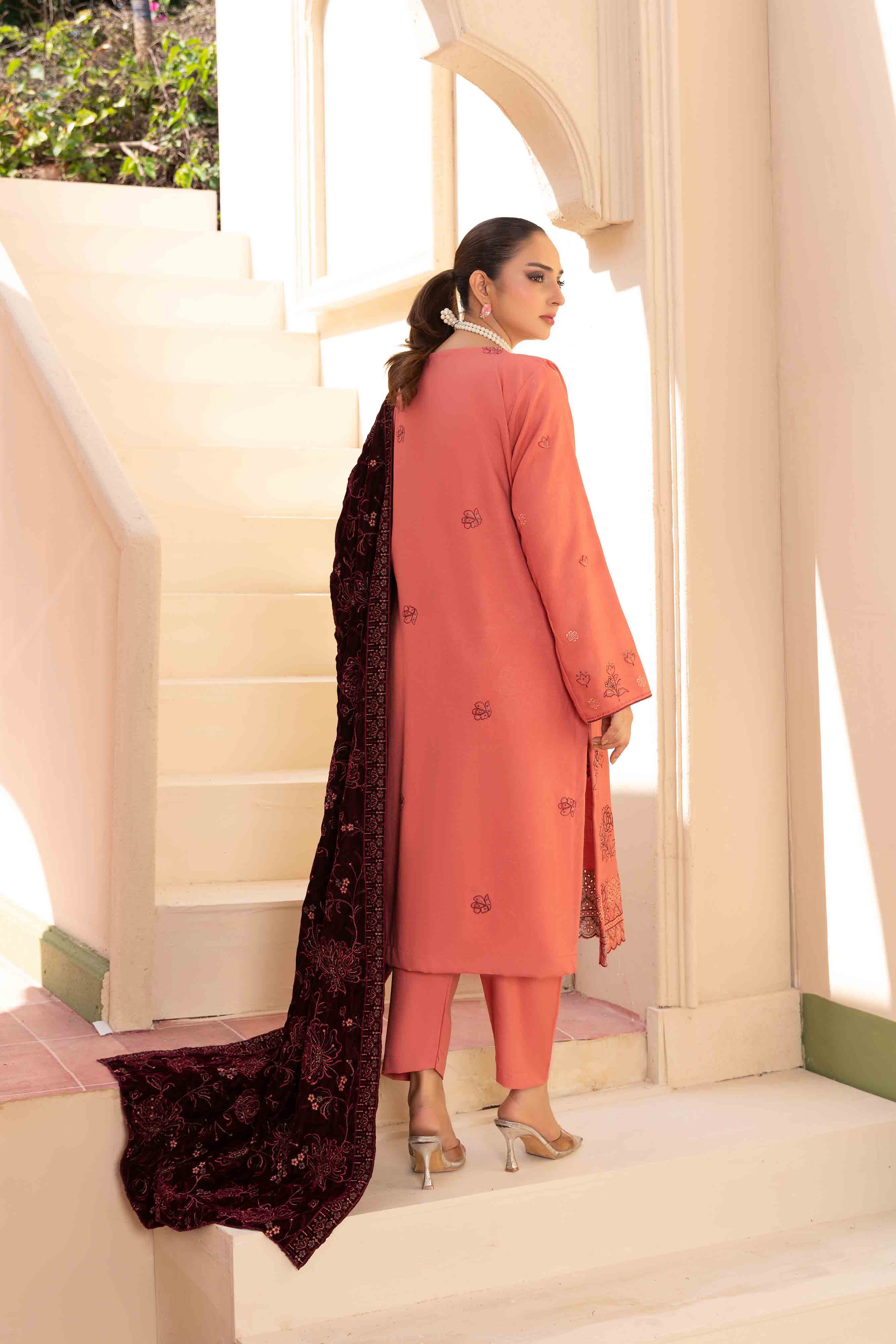 Luxury Peach Pink 3 Pcs Embroidered Dhanak Set