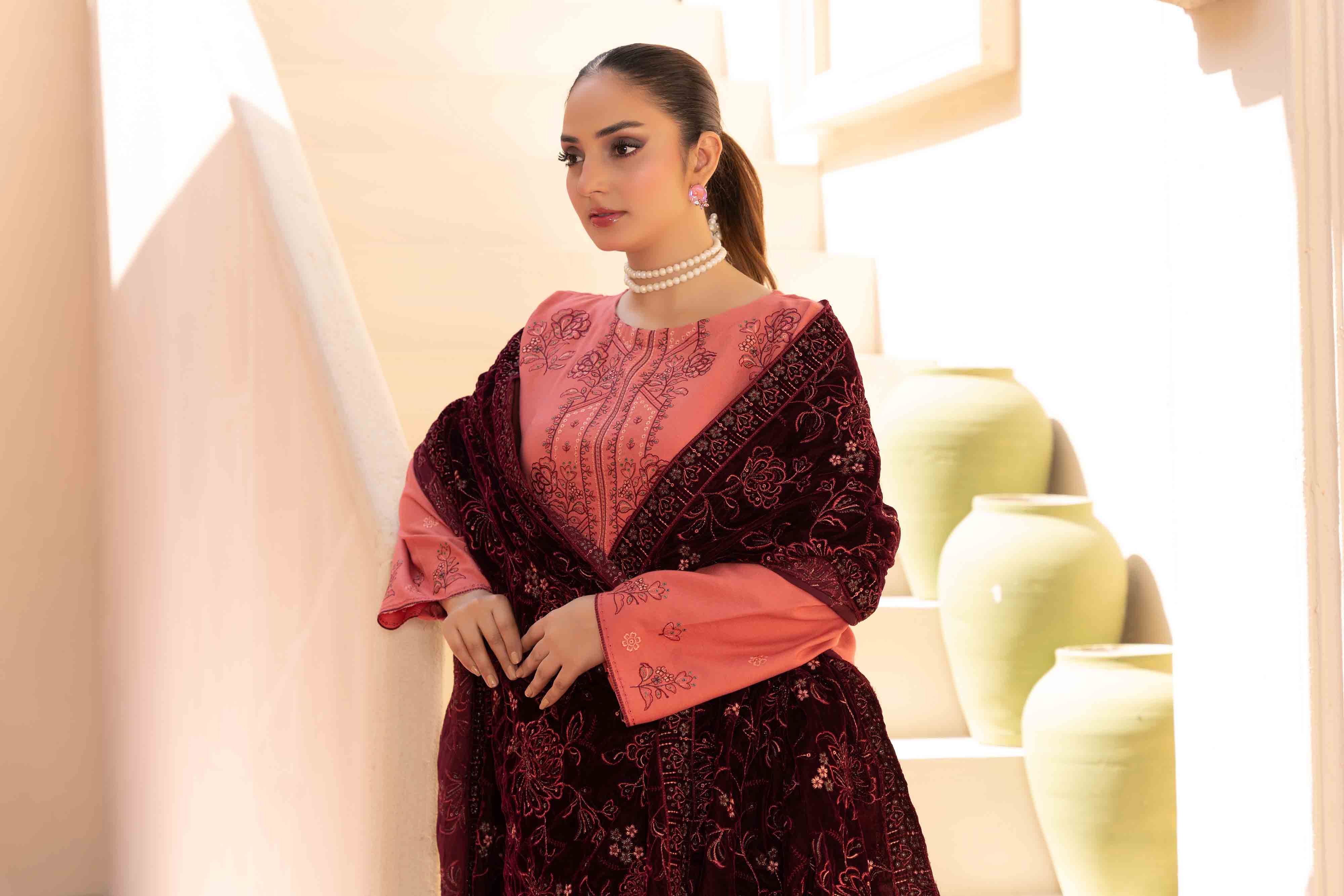 Luxury Peach Pink 3 Pcs Embroidered Dhanak Set