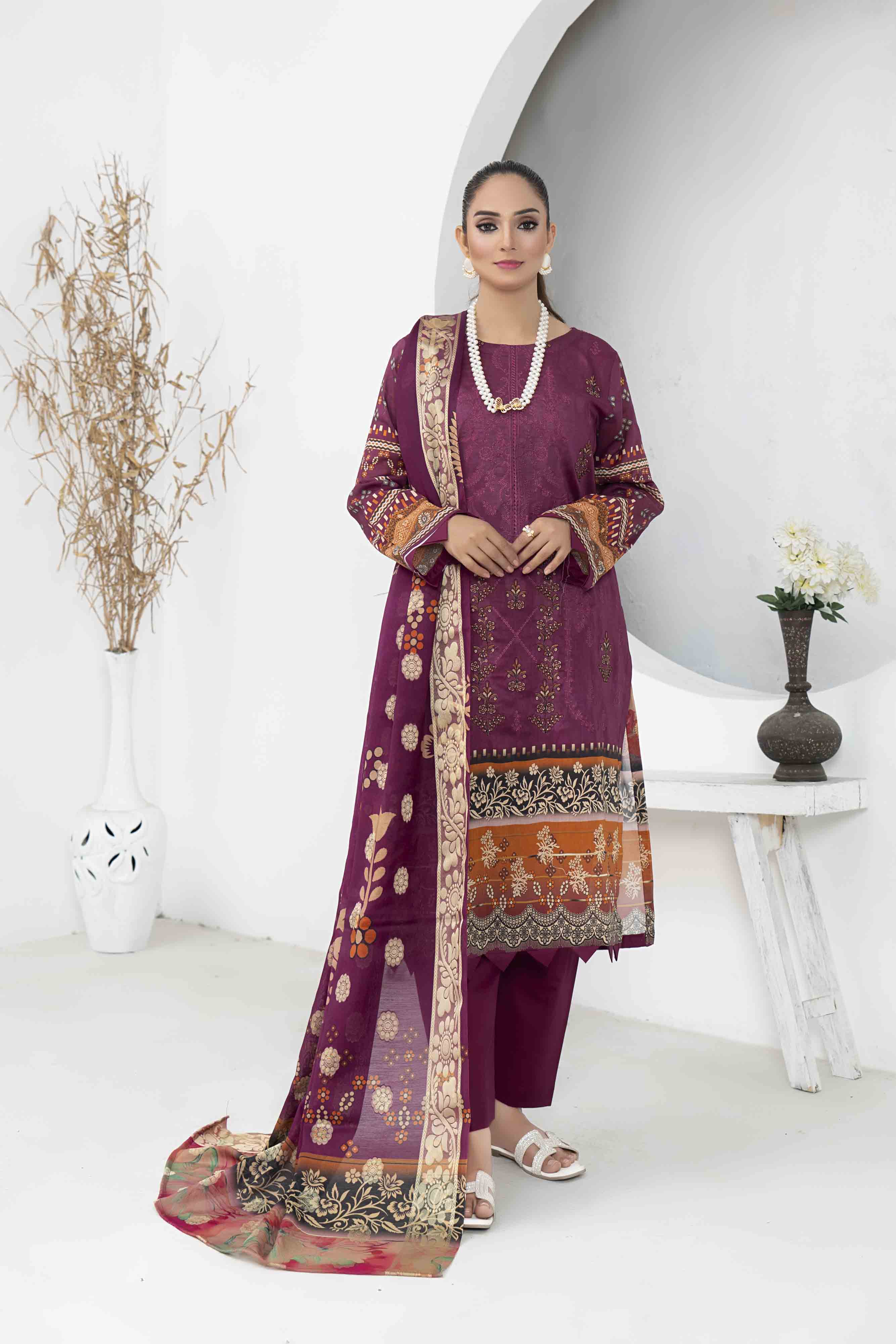 Luxury Plum Printed Embroidered 3 Pcs Lawn Set