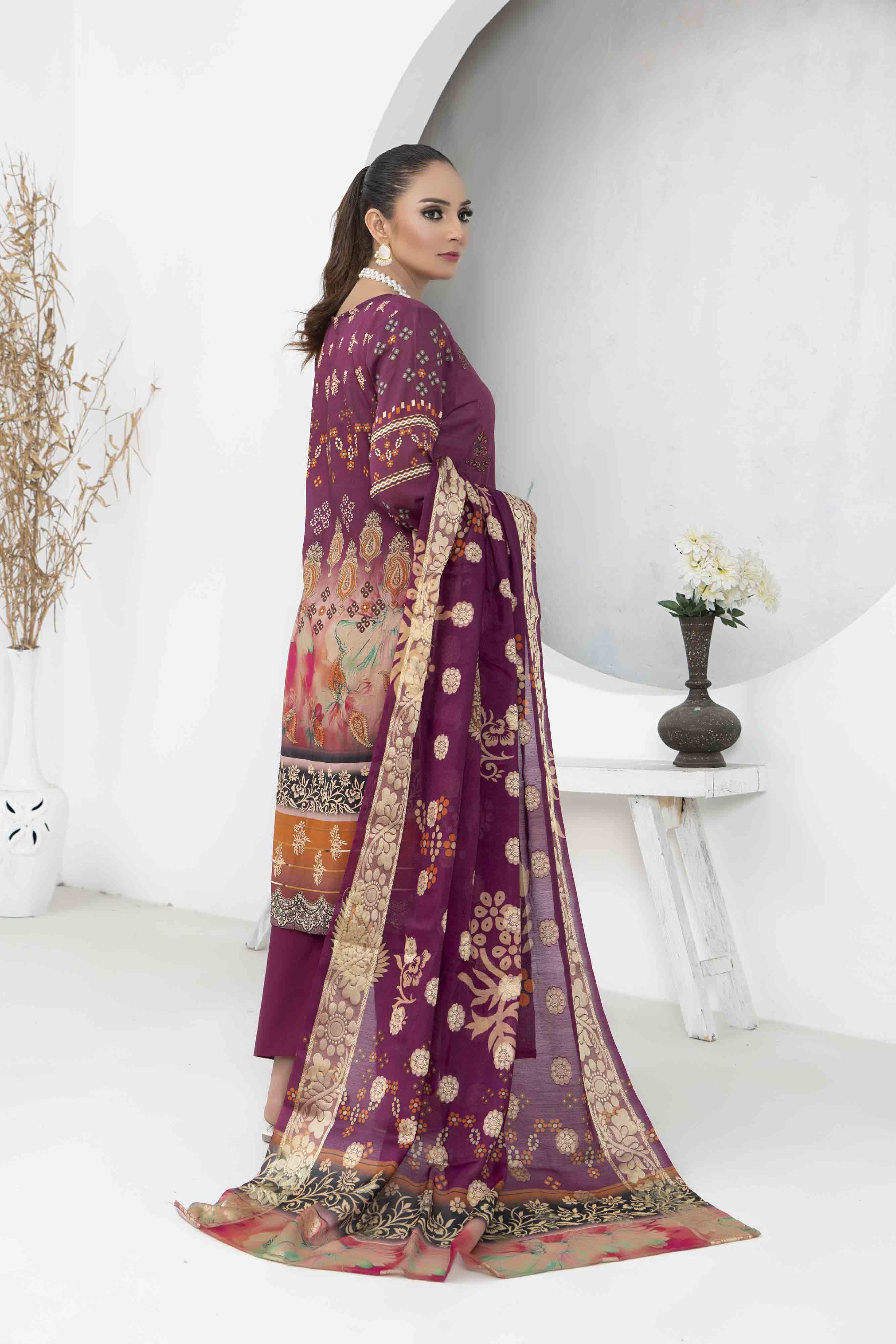 Luxury Plum Printed Embroidered 3 Pcs Lawn Set