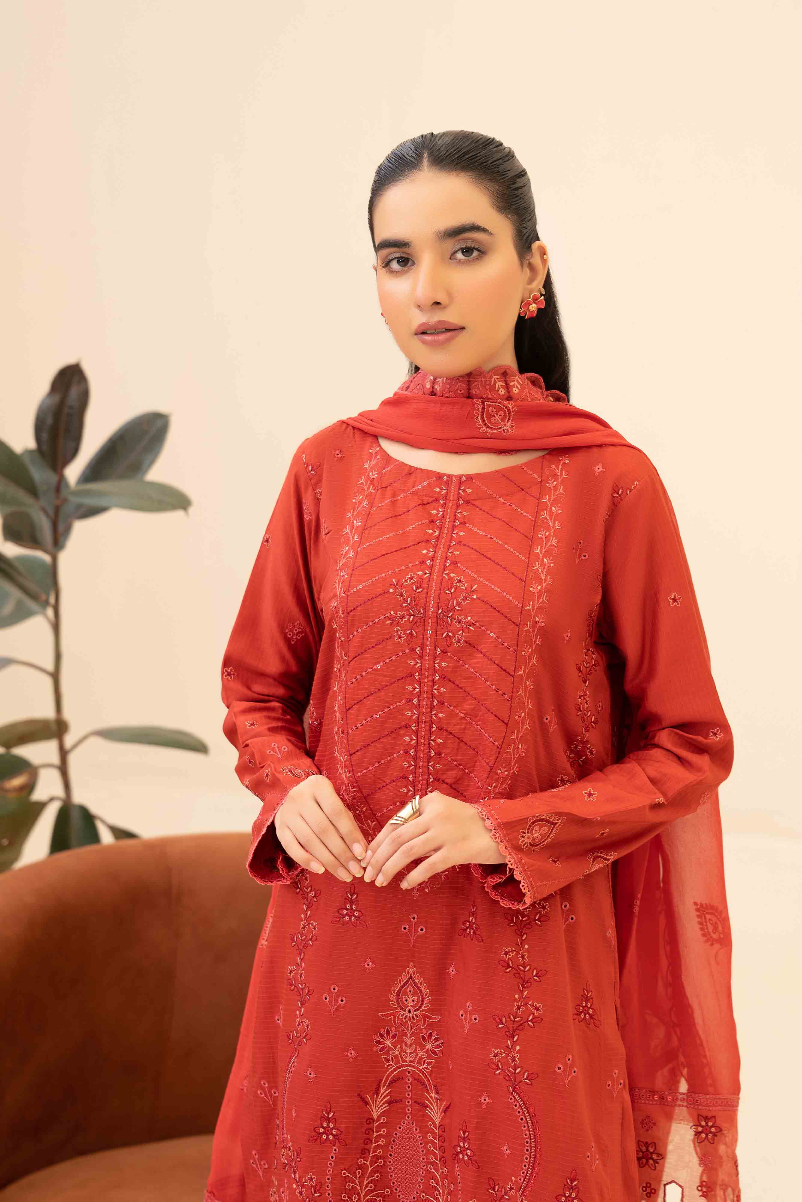 Luxury Rust 3 Pcs Doria Embroidered Viscose Suit