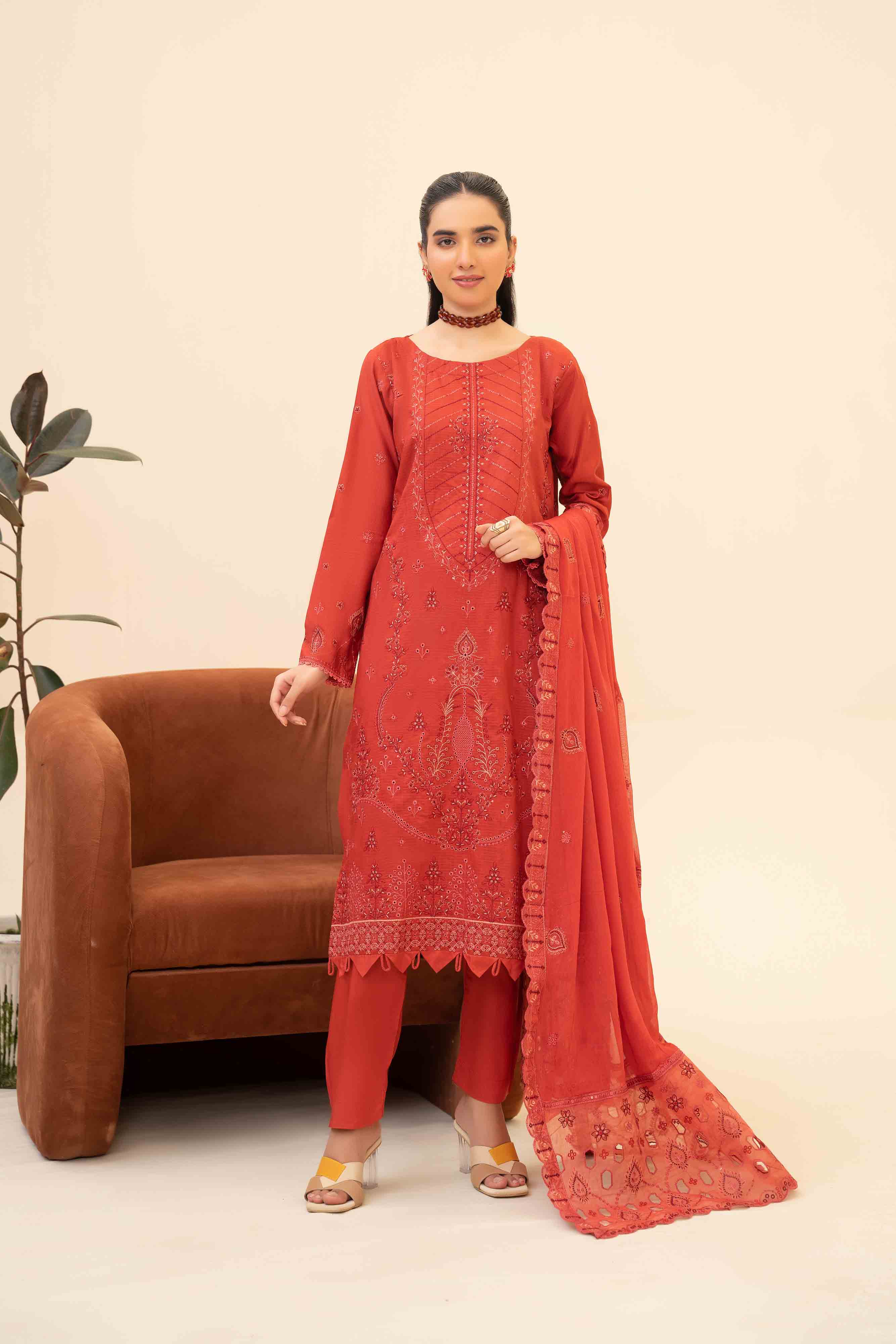 Luxury Rust 3 Pcs Doria Embroidered Viscose Suit