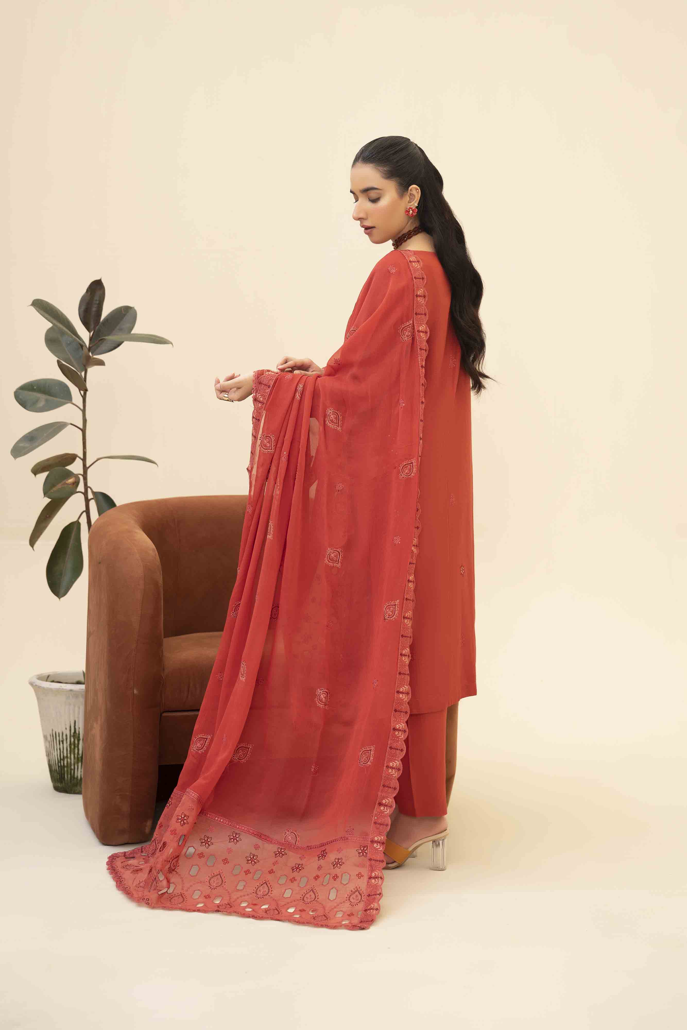 Luxury Rust 3 Pcs Doria Embroidered Viscose Suit