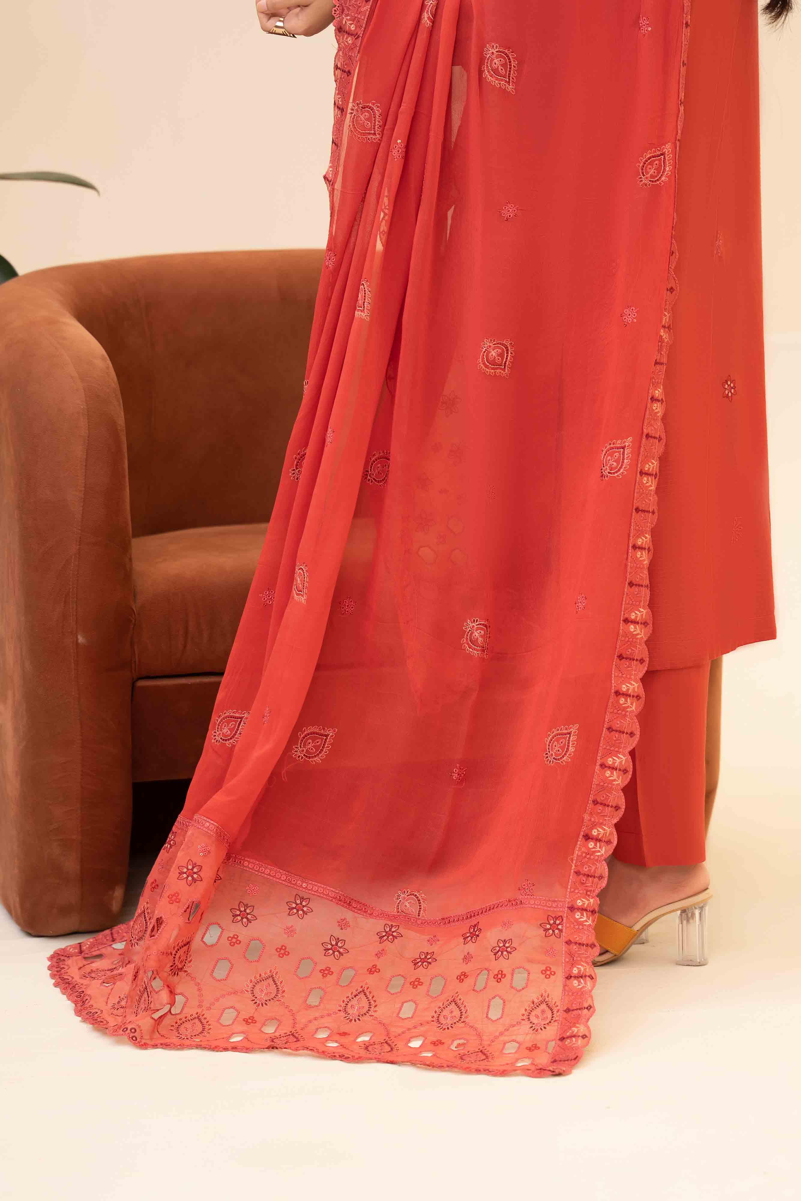 Luxury Rust 3 Pcs Doria Embroidered Viscose Suit