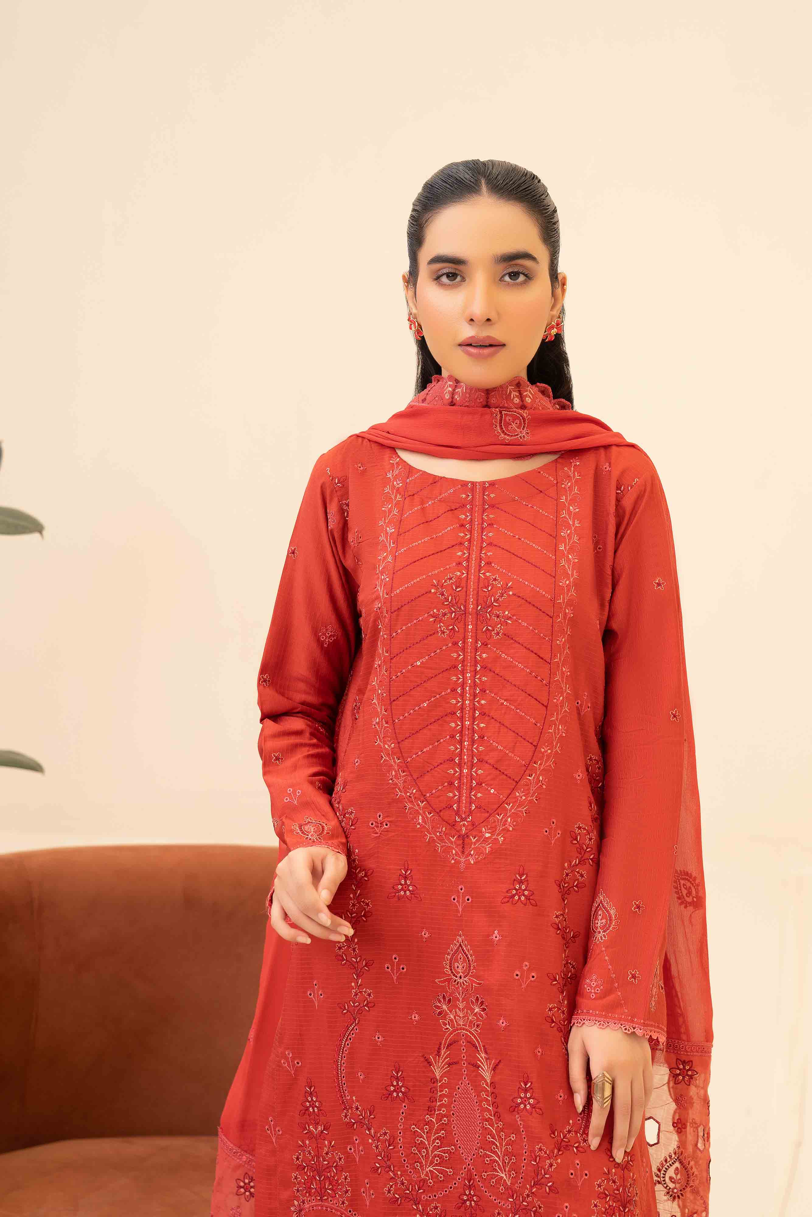 Luxury Rust 3 Pcs Doria Embroidered Viscose Suit