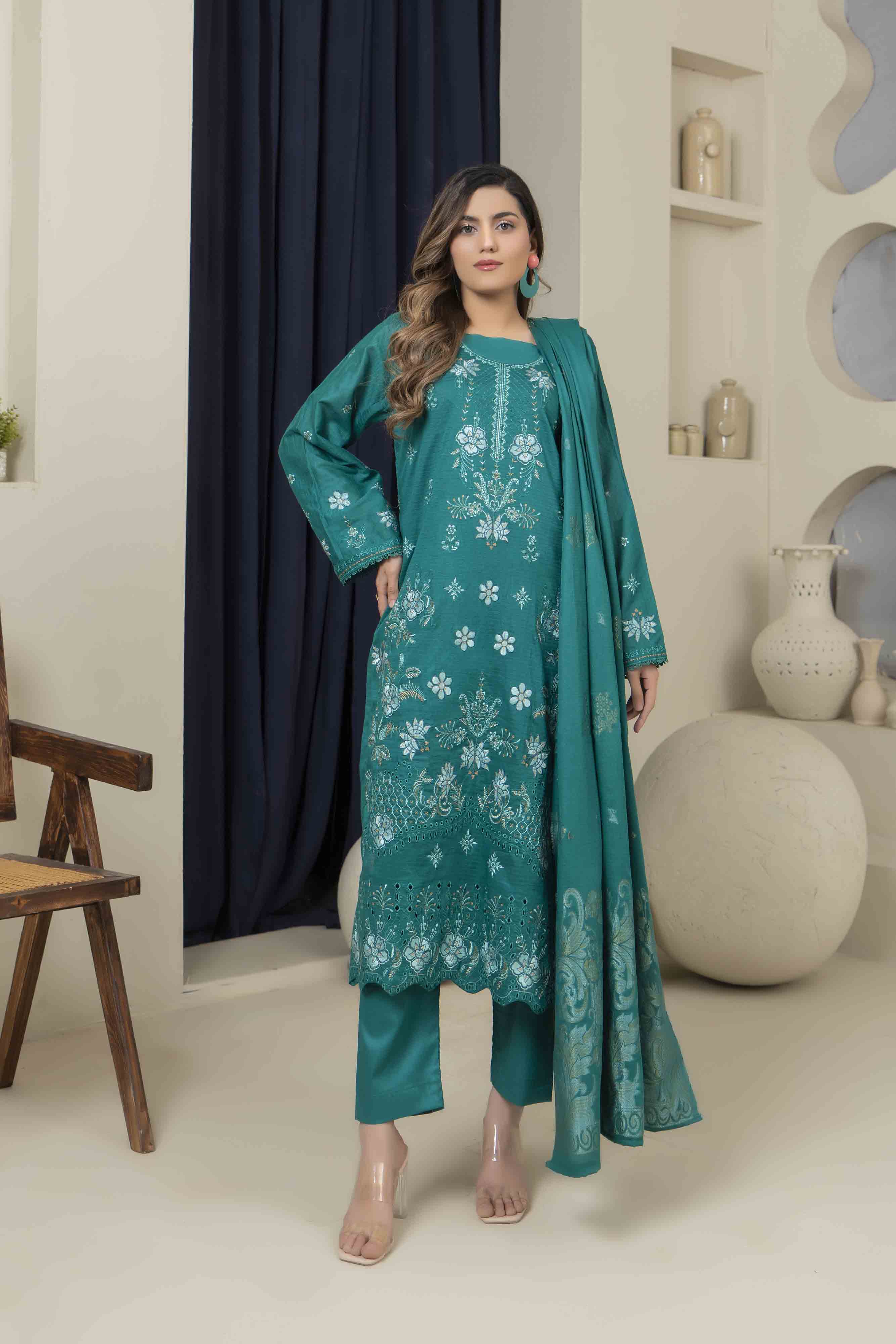 Luxury Teal Embroidered Doria 3 Pcs Lawn Set