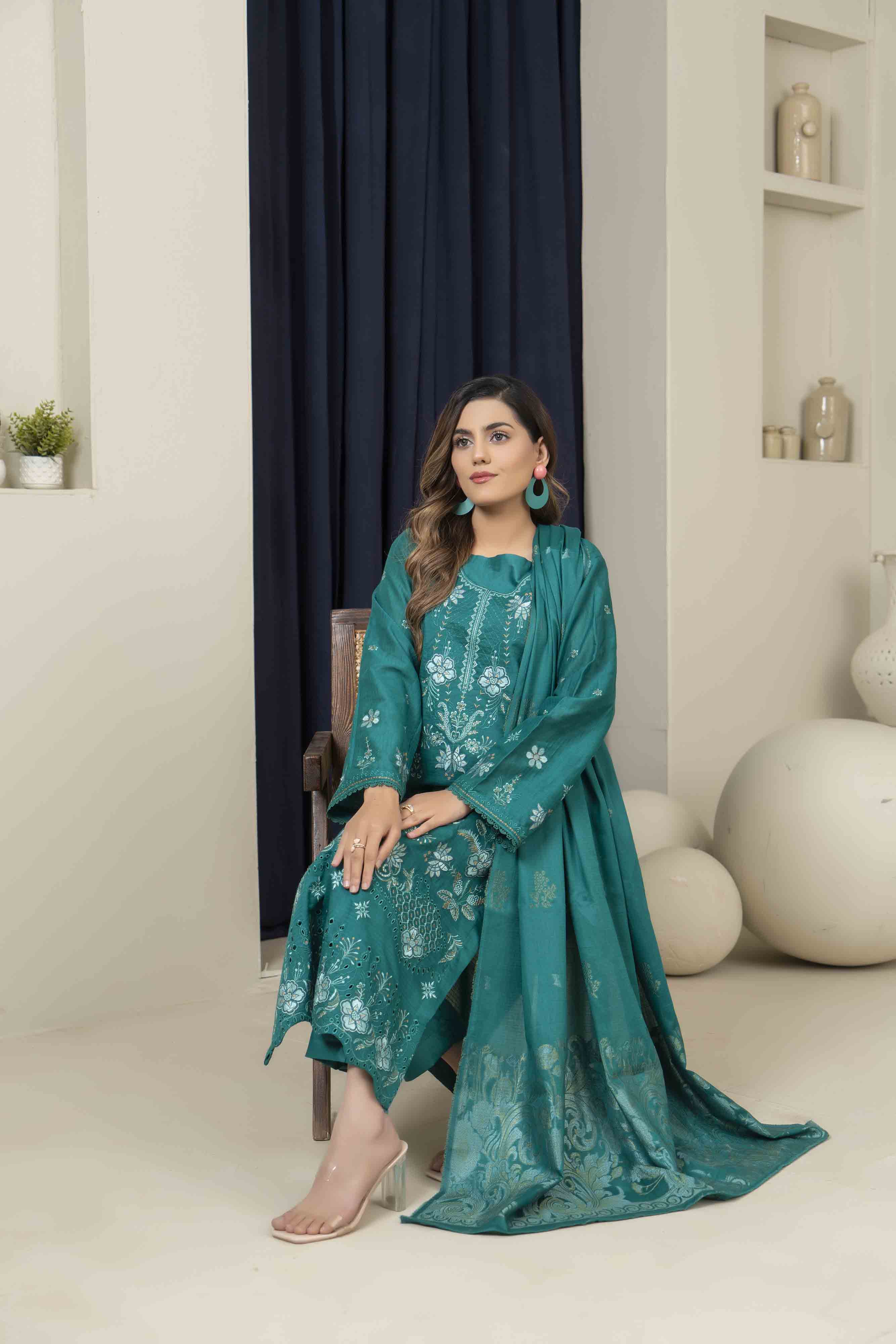 Luxury Teal Embroidered Doria 3 Pcs Lawn Set