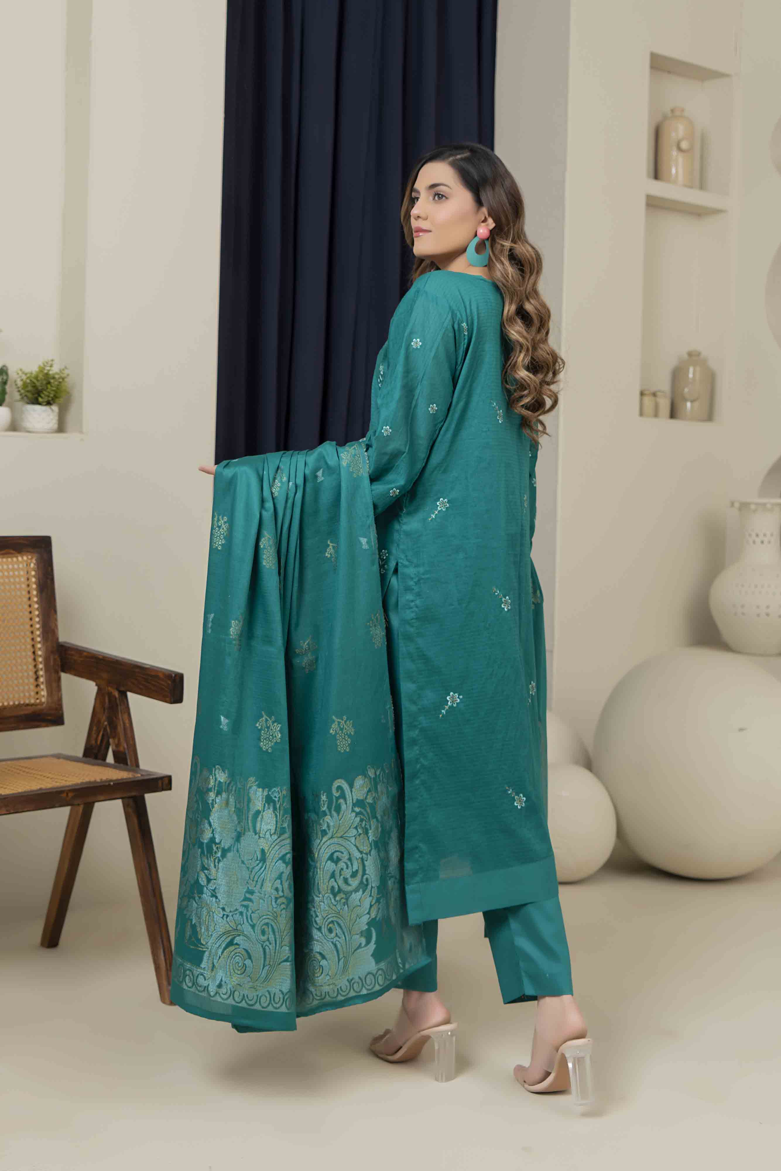 Luxury Teal Embroidered Doria 3 Pcs Lawn Set