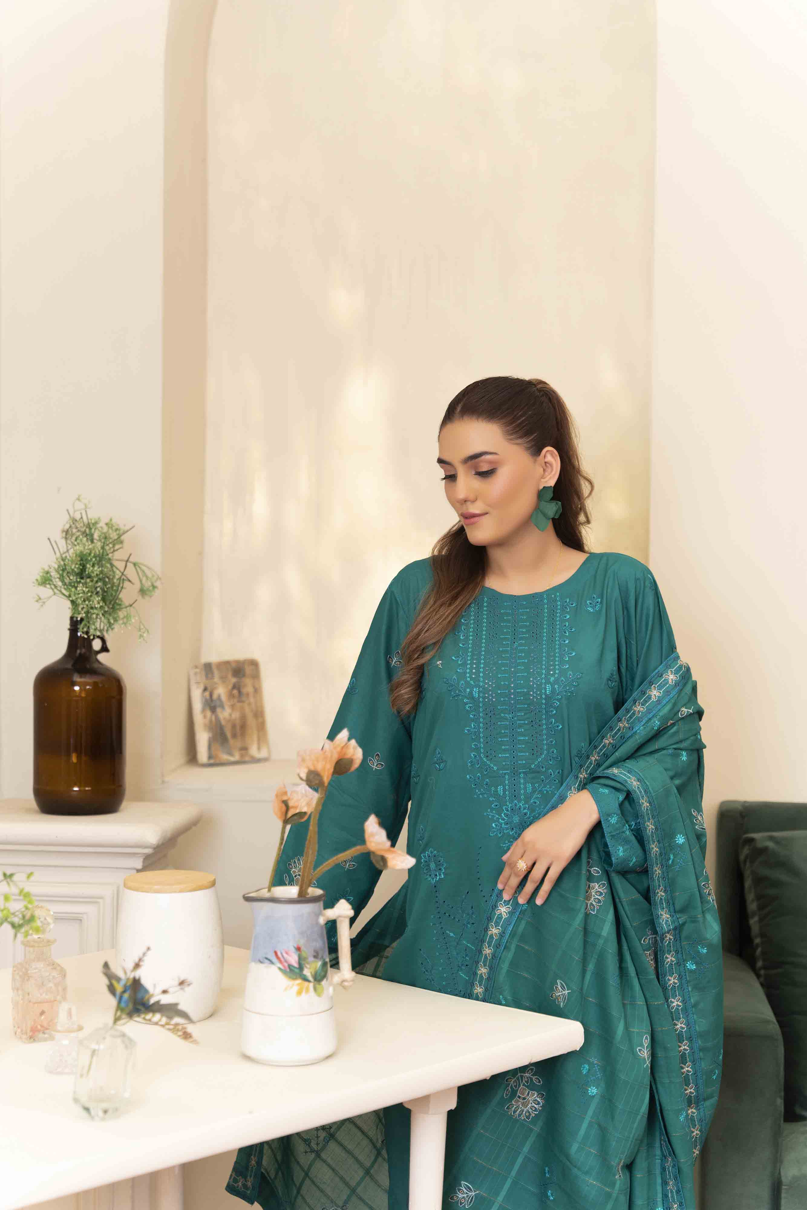 Luxury Teal Embroidered Lawn Set