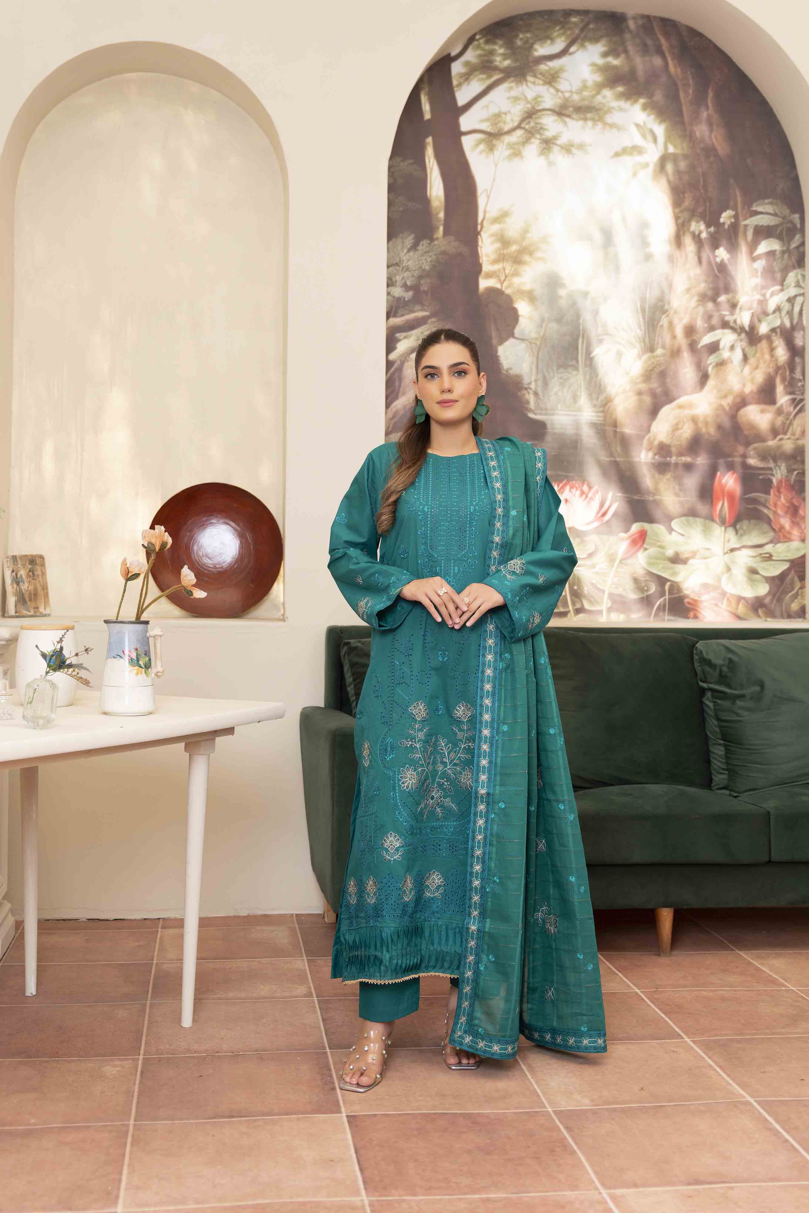 Luxury Teal Embroidered Lawn Set