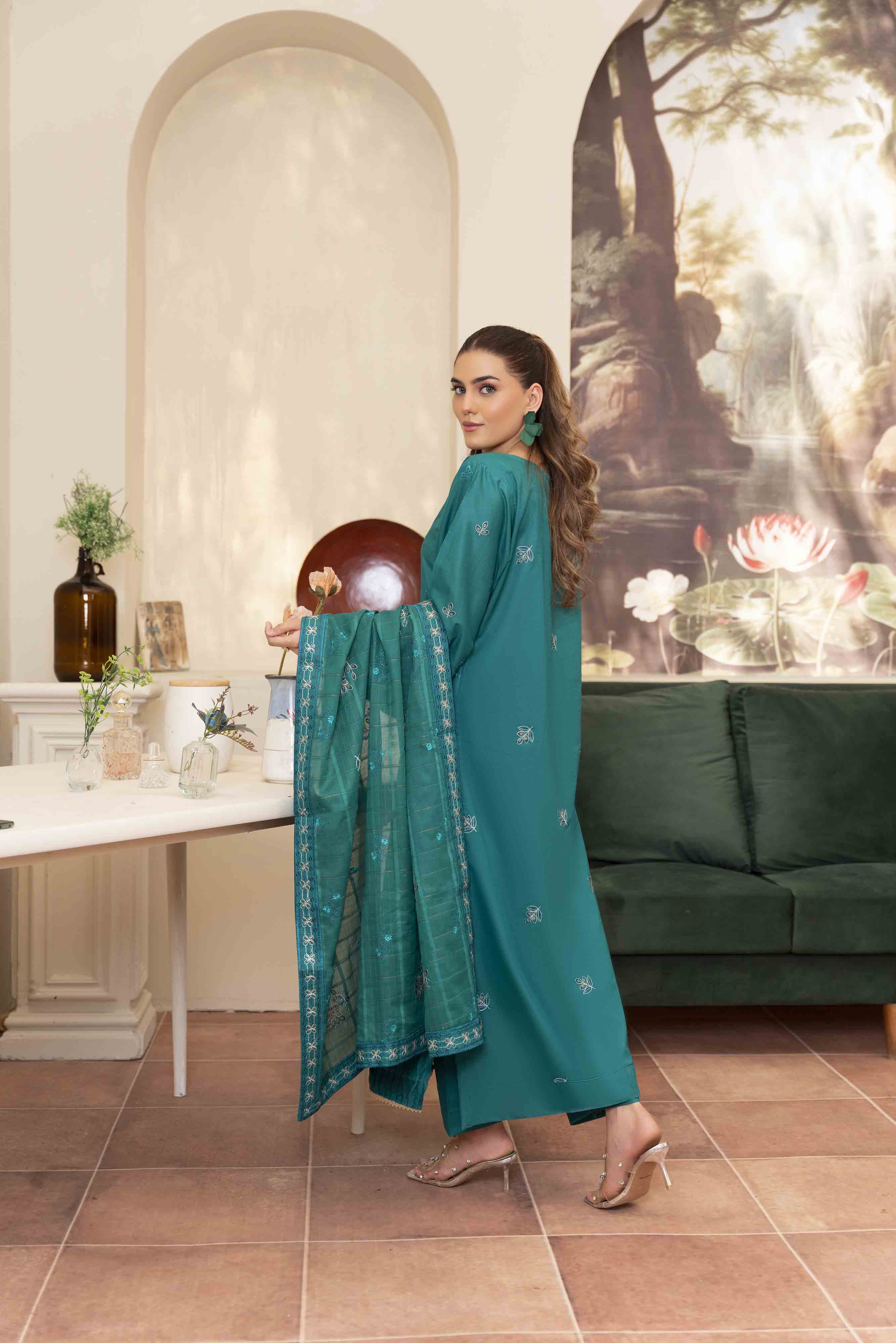 Luxury Teal Embroidered Lawn Set