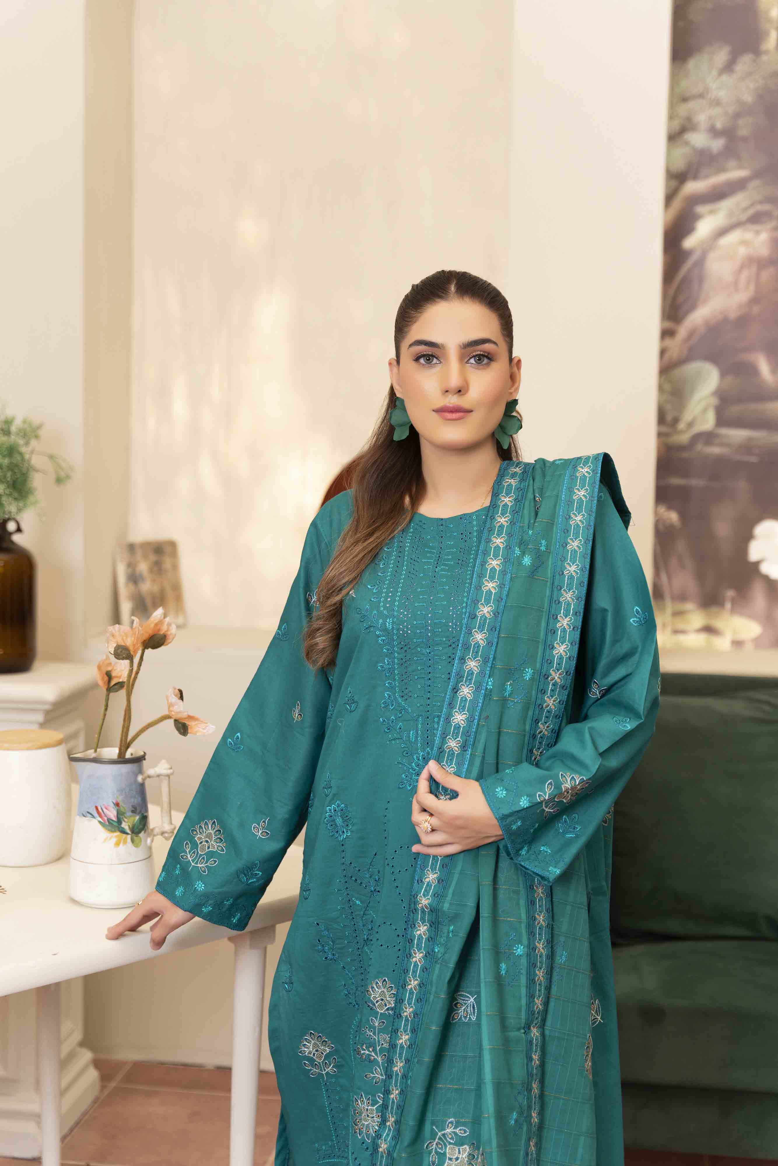 Luxury Teal Embroidered Lawn Set