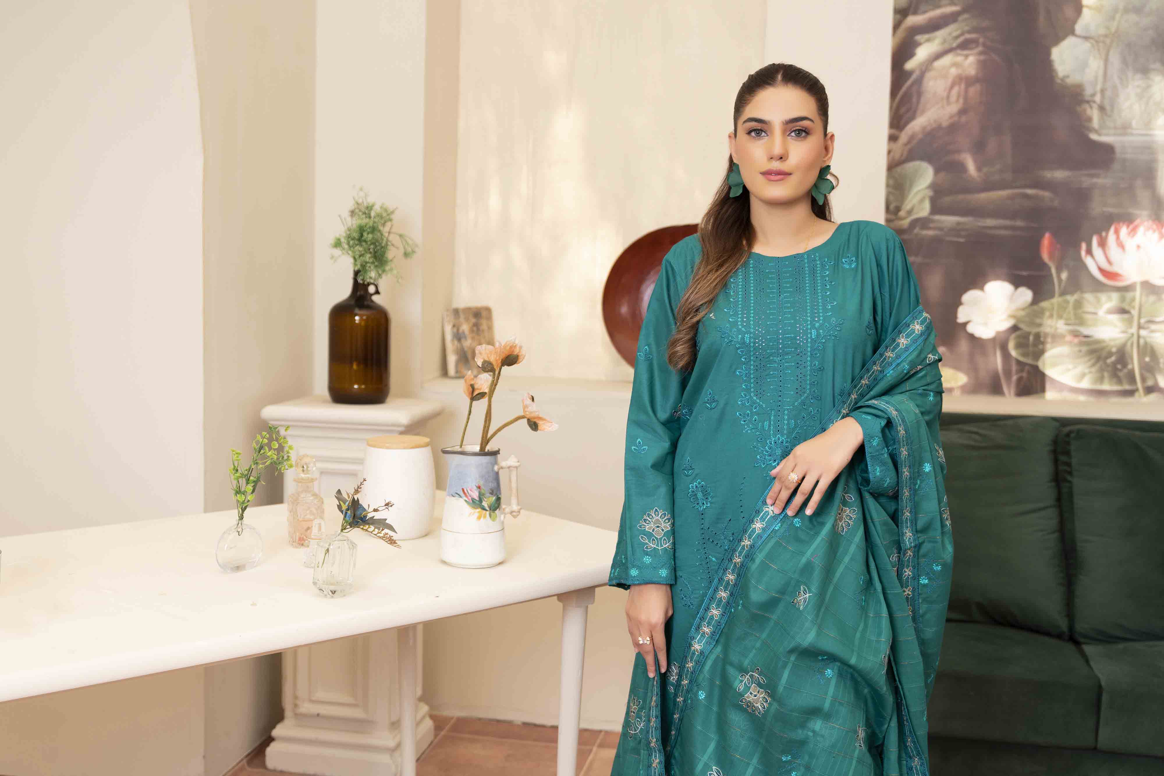 Luxury Teal Embroidered Lawn Set