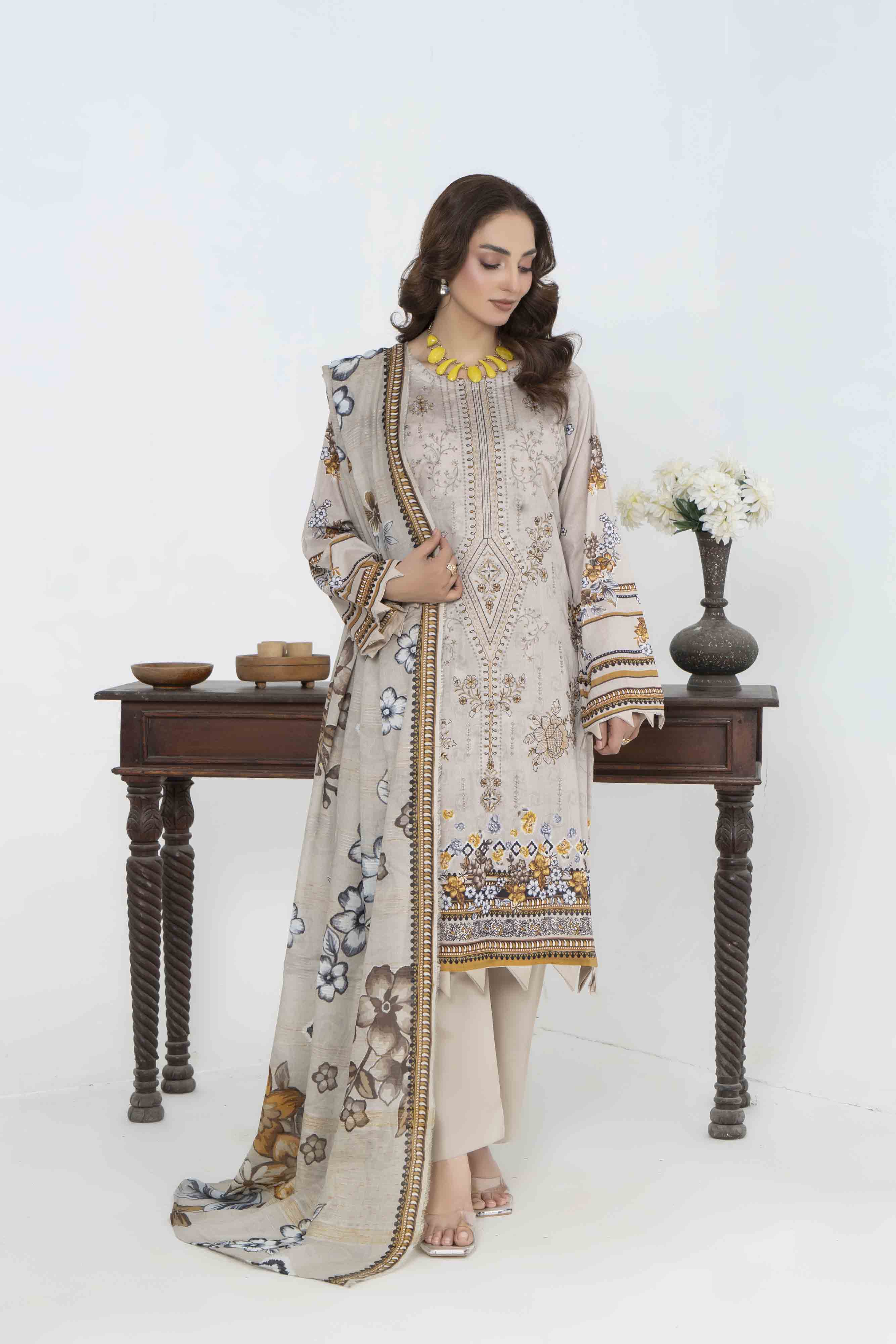 Luxury Beige Printed Embroidered 3 Pcs Lawn Set