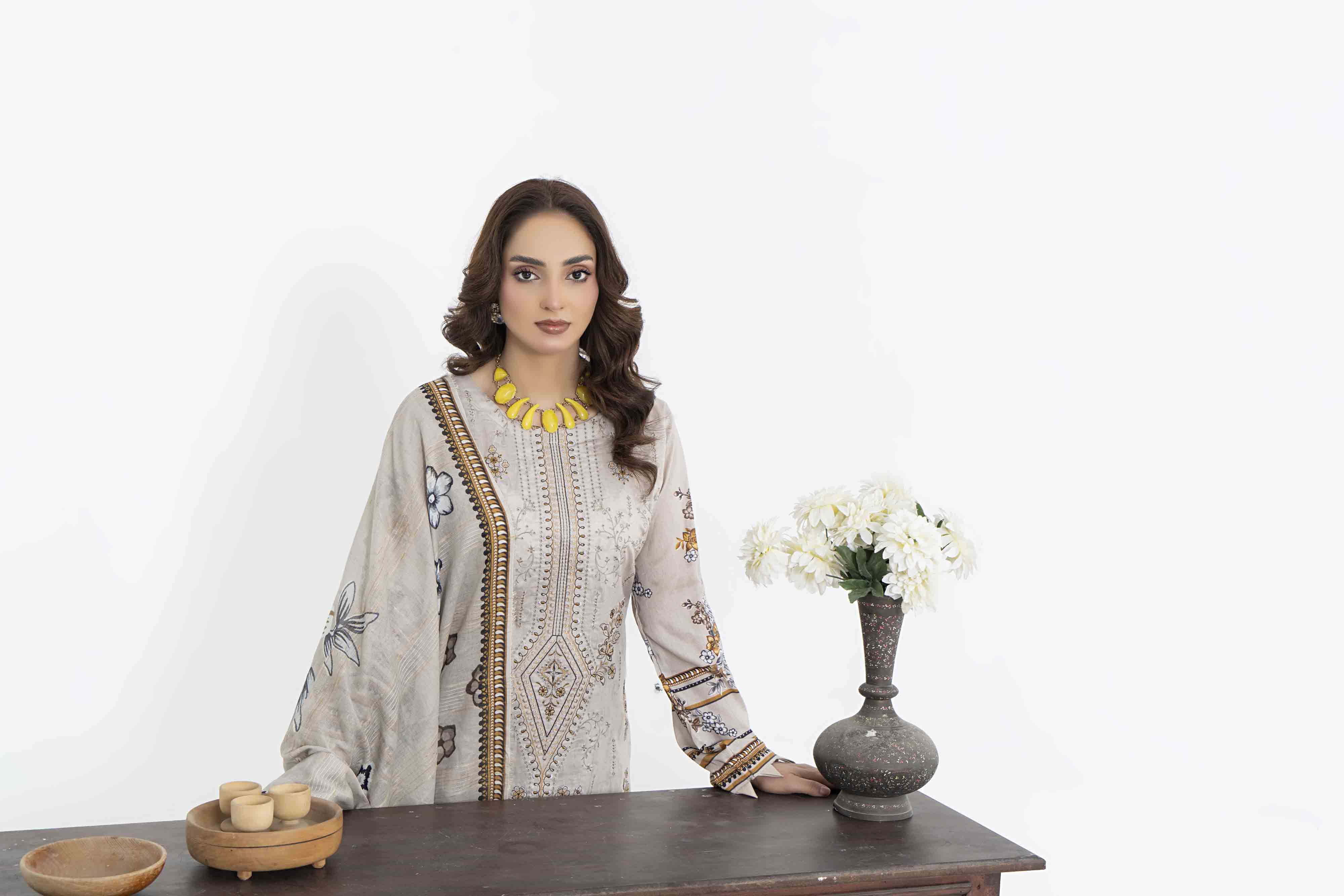 Luxury Beige Printed Embroidered 3 Pcs Lawn Set