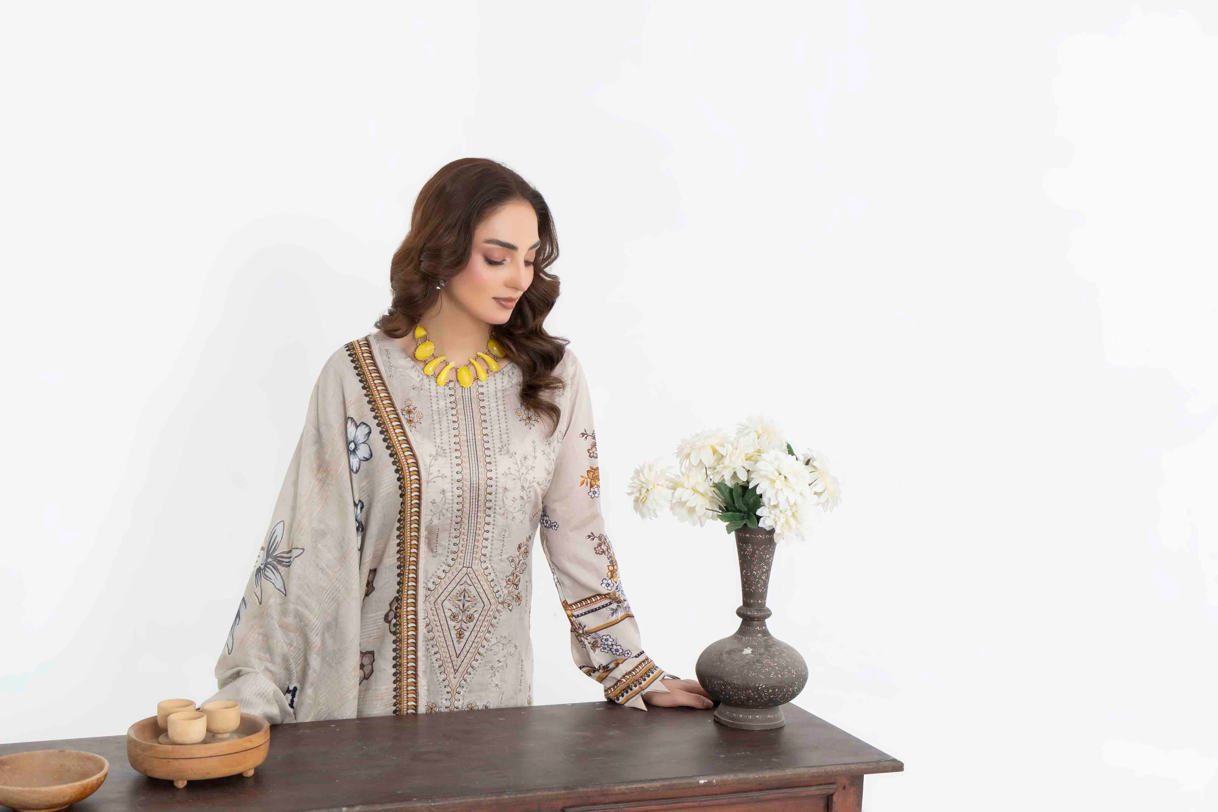 Luxury Beige Printed Embroidered 3 Pcs Lawn Set