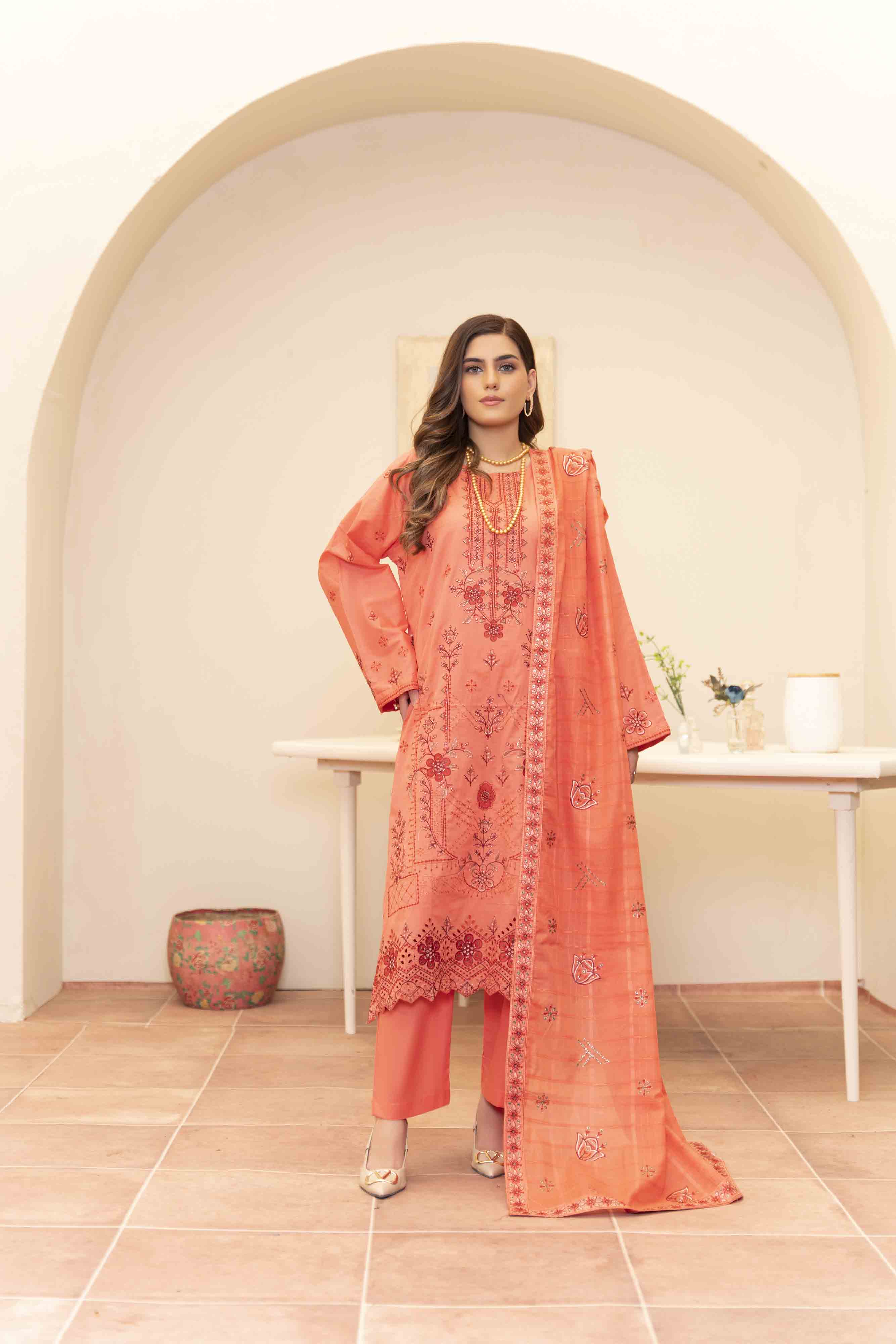 Luxury Peach Embroidered Lawn Set