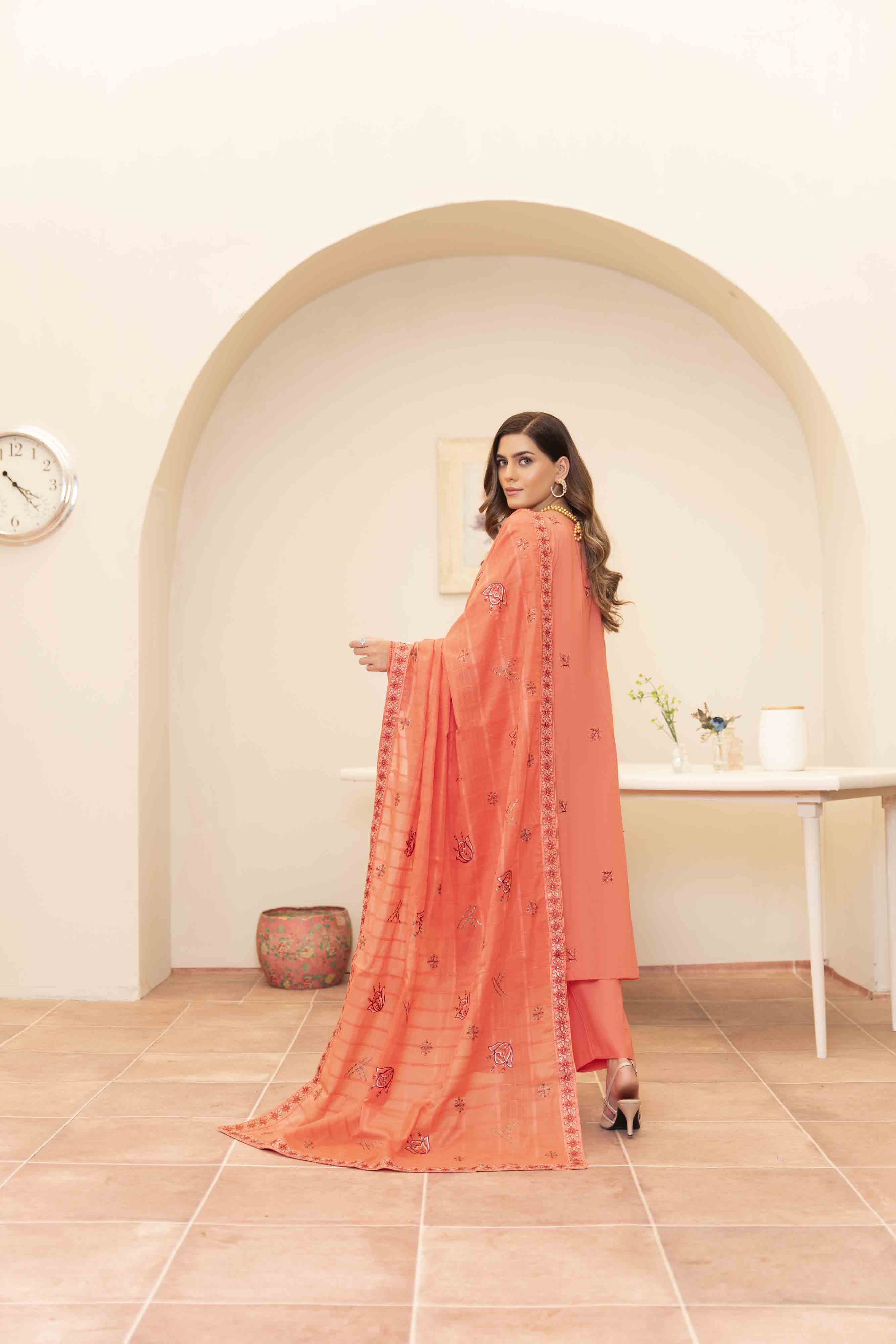 Luxury Peach Embroidered Lawn Set
