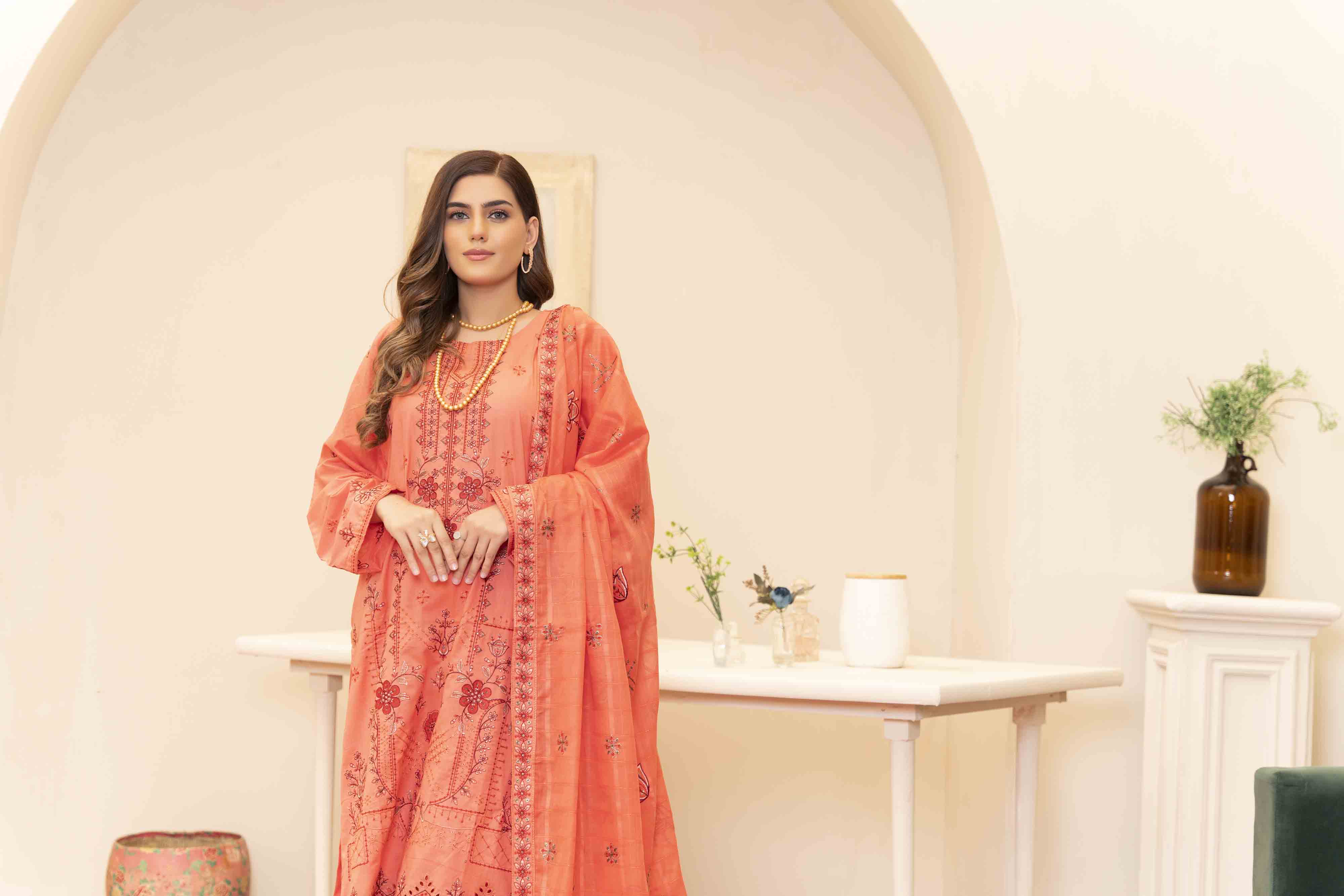 Luxury Peach Embroidered Lawn Set