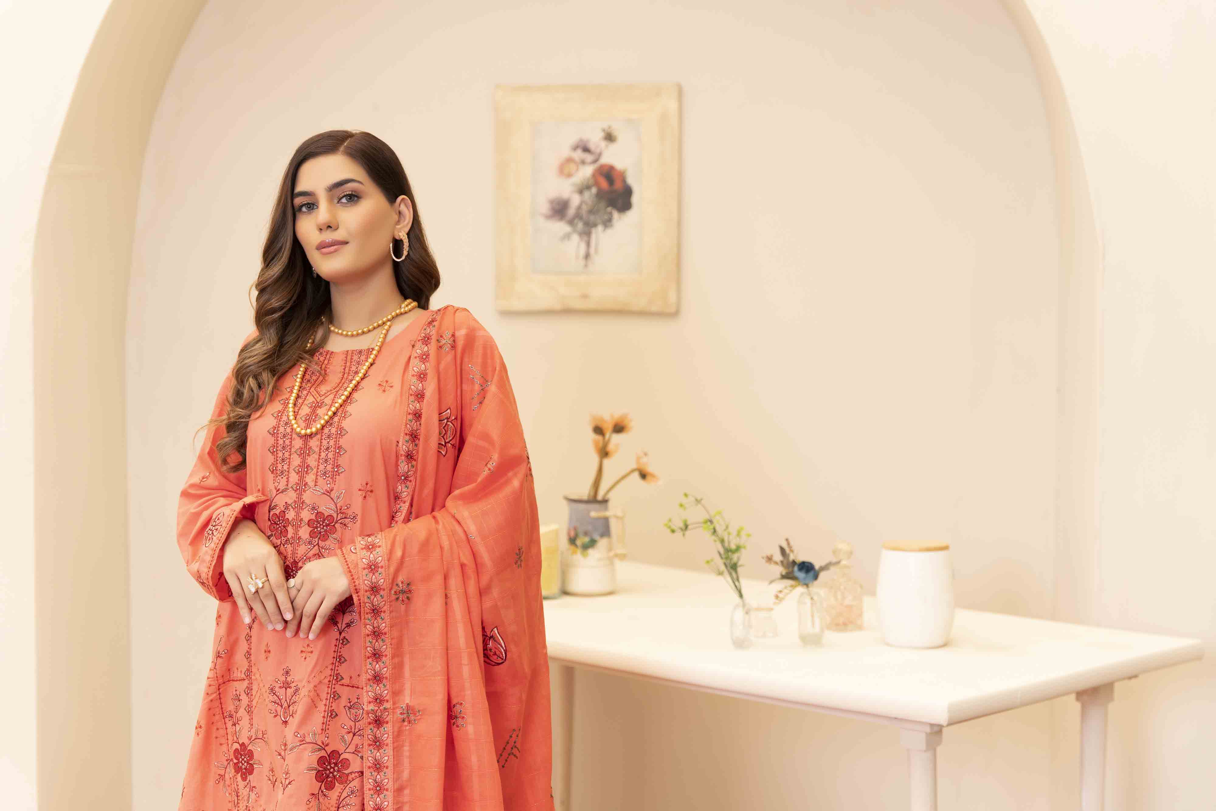 Luxury Peach Embroidered Lawn Set