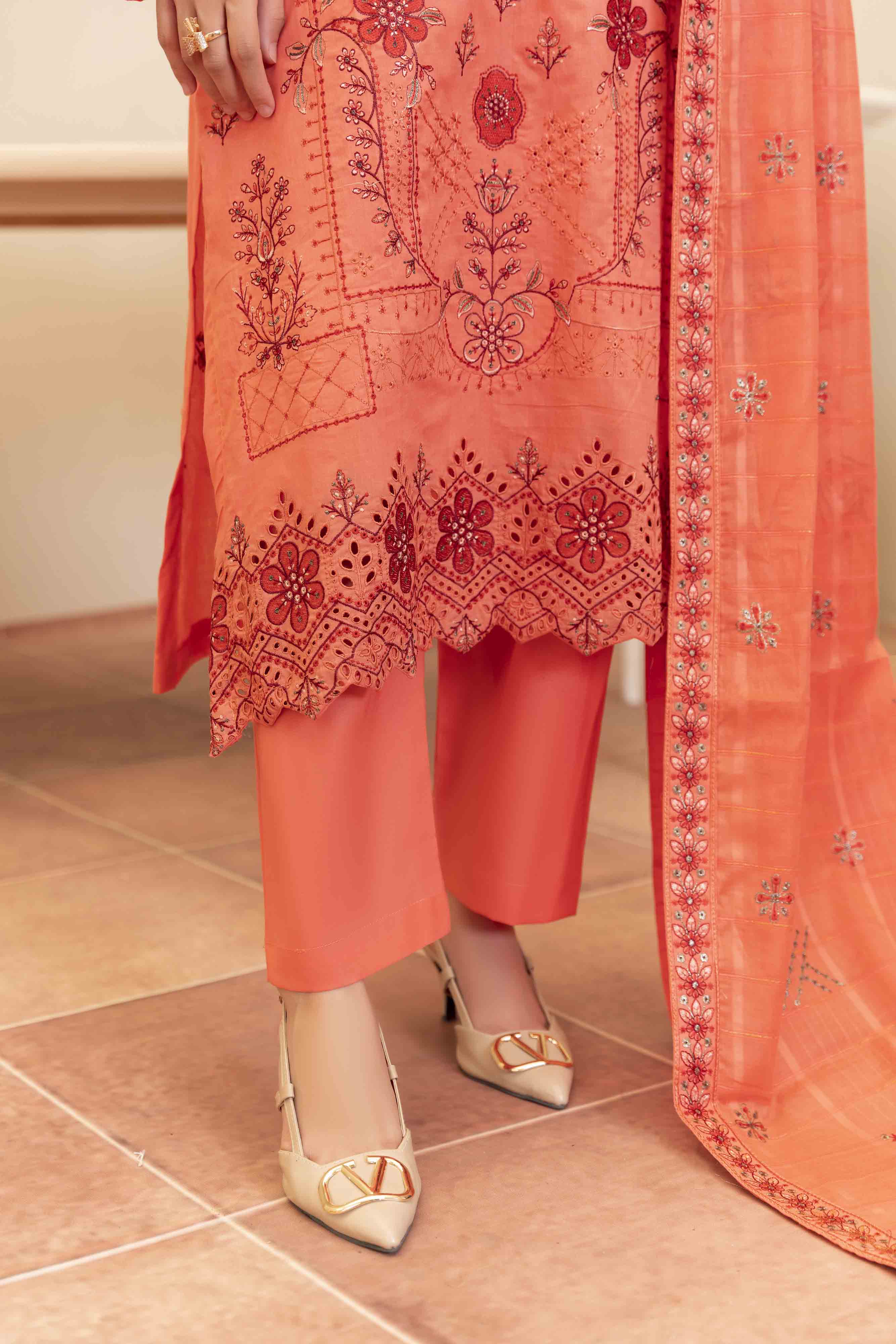 Luxury Peach Embroidered Lawn Set
