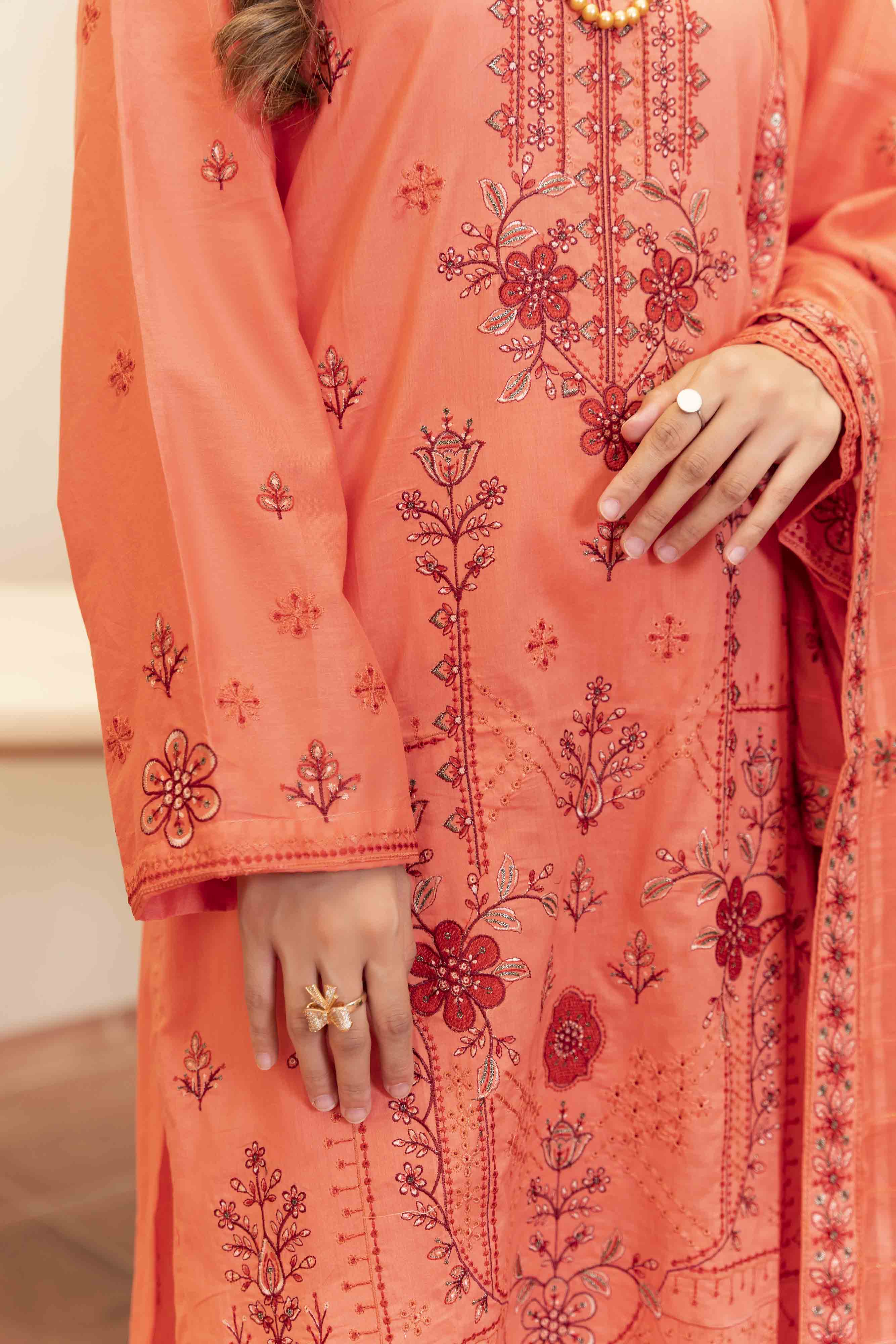 Luxury Peach Embroidered Lawn Set