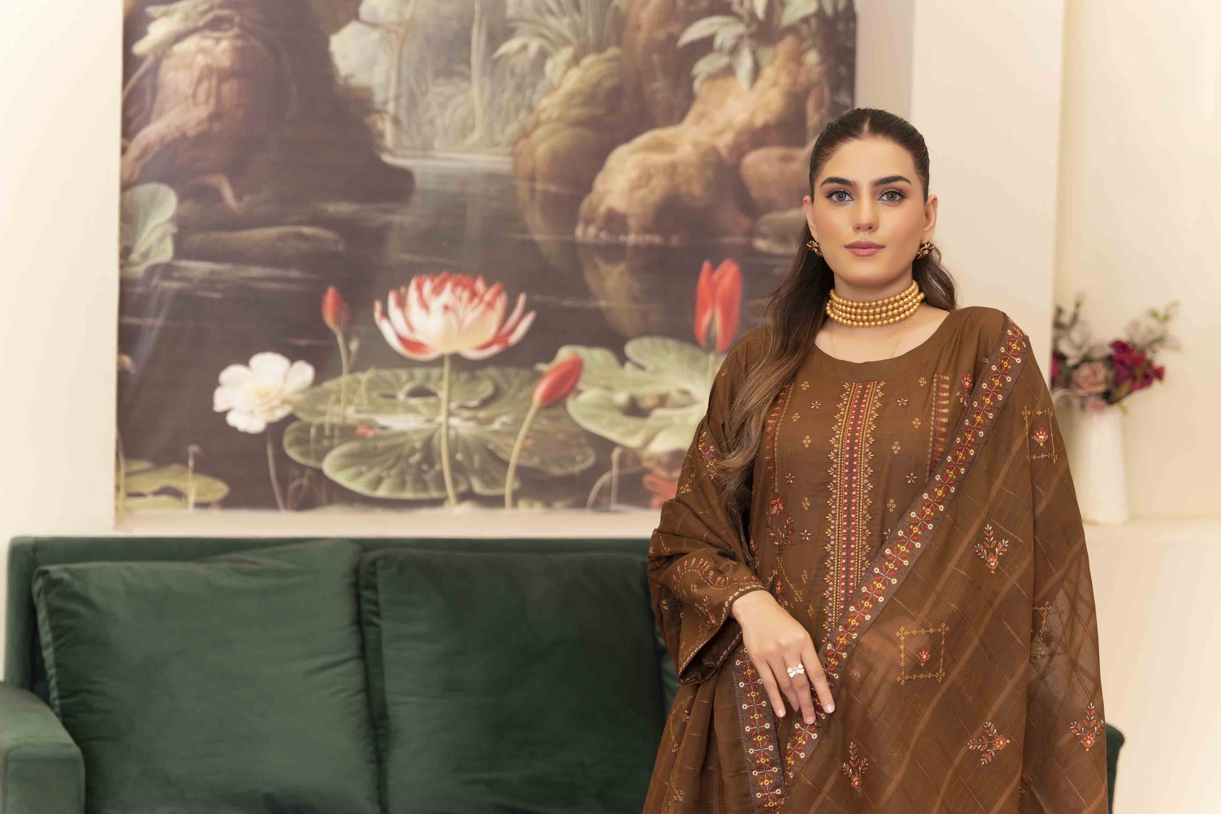 Luxury Brown Embroidered Lawn Set